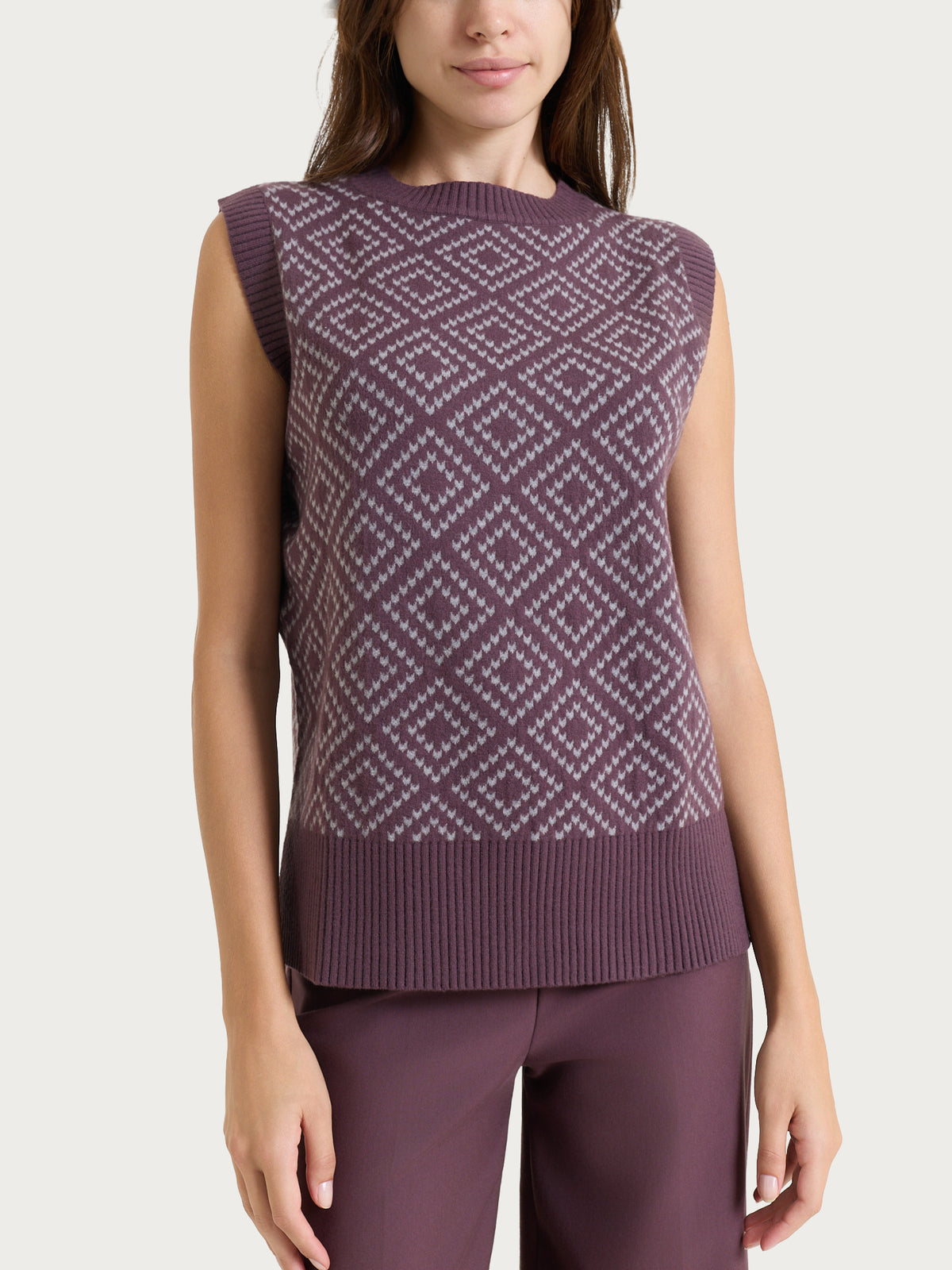 Maglia smanicata a rombi in Soft Wool Viola Donna - Ragno
