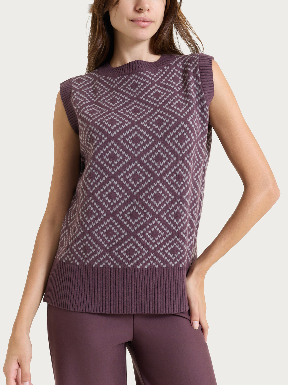 Maglia smanicata a rombi in Soft Wool Viola Donna - Ragno