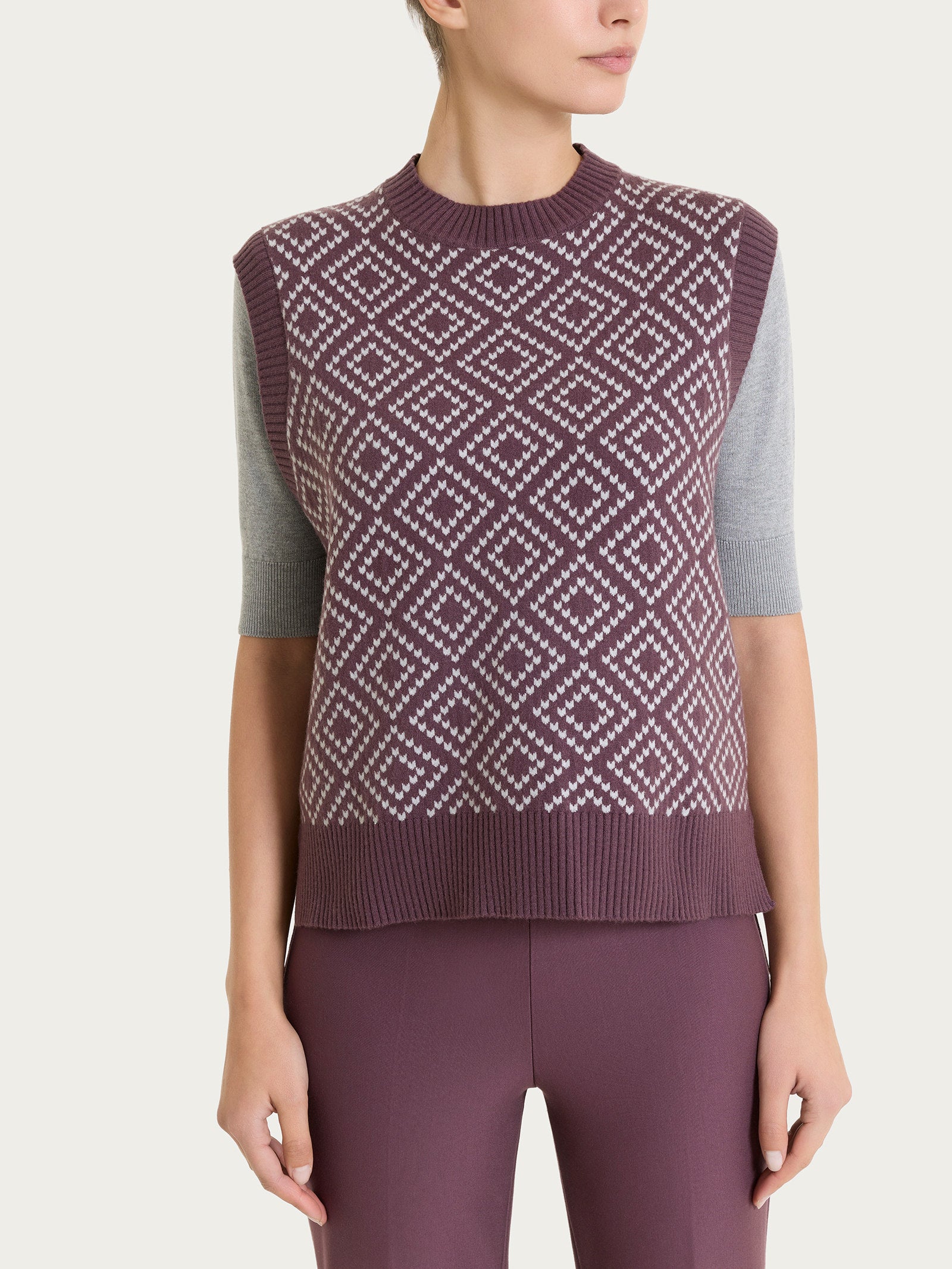 Maglia smanicata a rombi in Soft Wool Viola Donna - Ragno