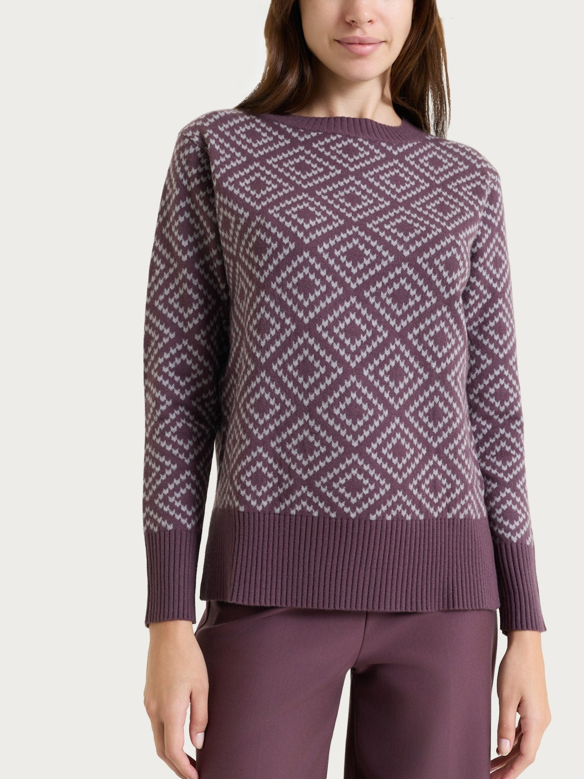 Maglia girocollo a rombi in Soft Wool Viola Donna - Ragno