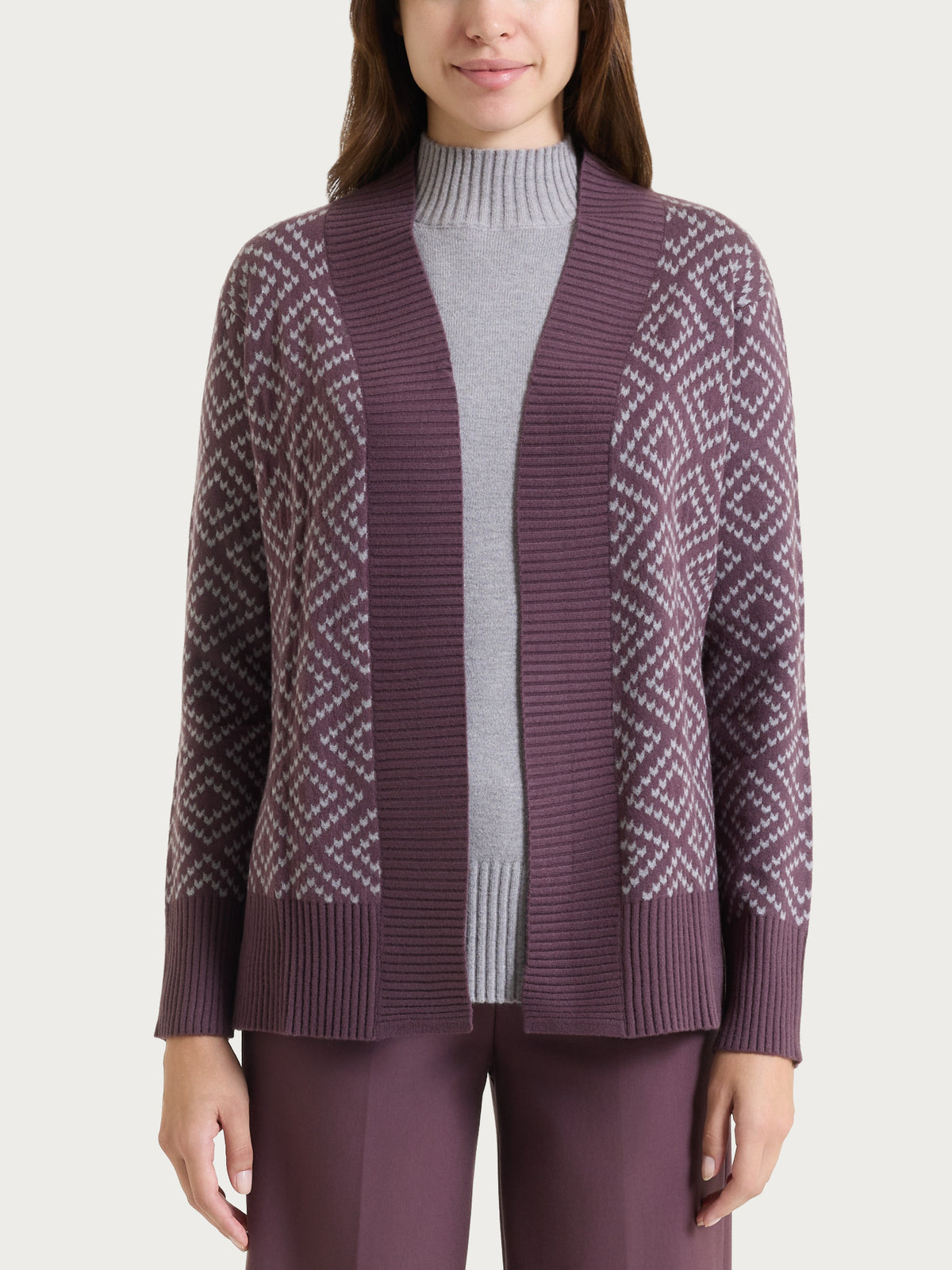 Offene Strickjacke mit Rautenmuster aus Soft Wool in Violett für Damen – Ragno