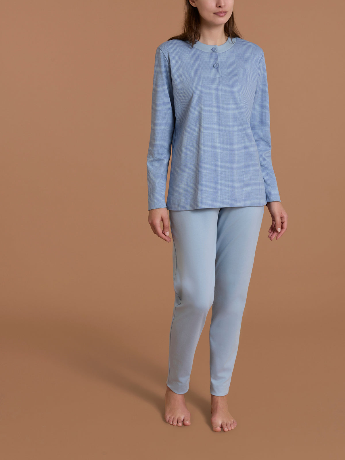 Pigiama a serafino con fantasia tartan in Interlock di cotone Azzurri Donna - Ragno