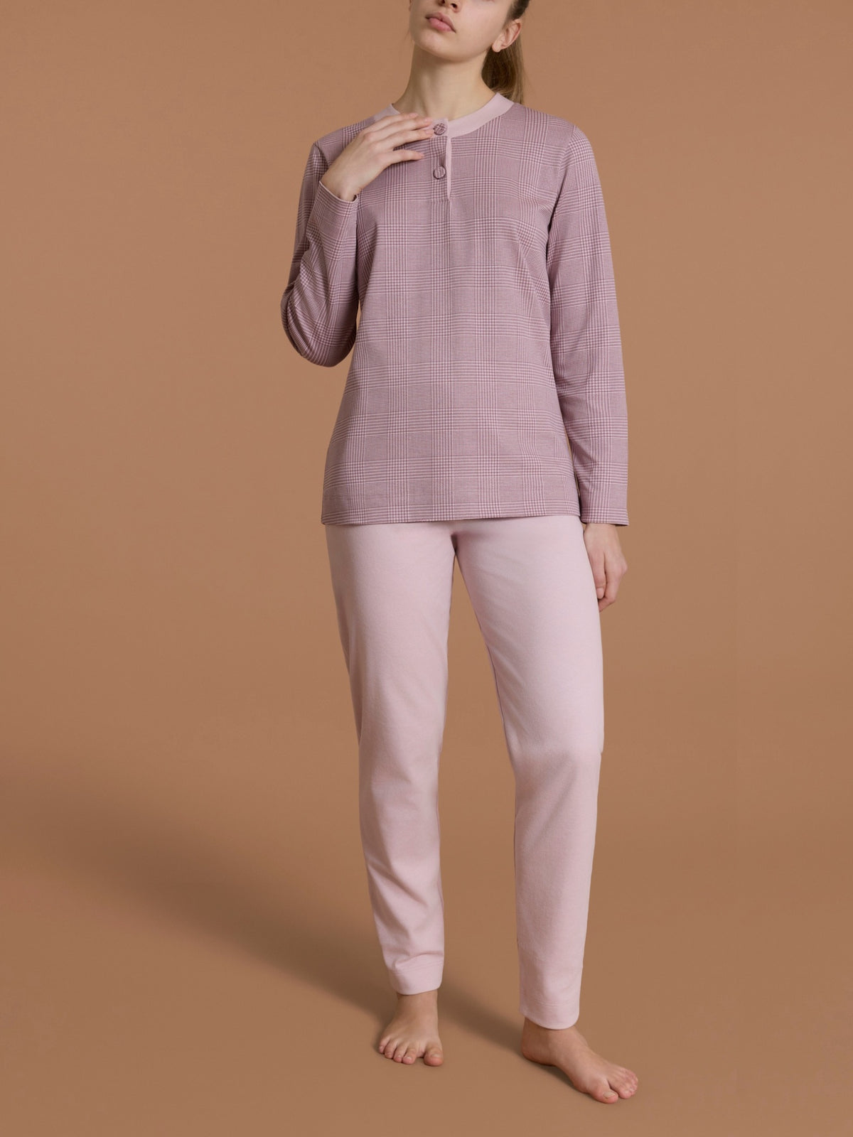 Pigiama a serafino con fantasia tartan in Interlock di cotone Rosa Donna - Ragno