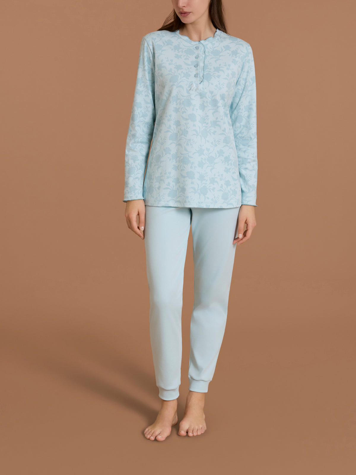 Pigiama a serafino con rouches in Interlock di cotone Azzurri Donna - Ragno
