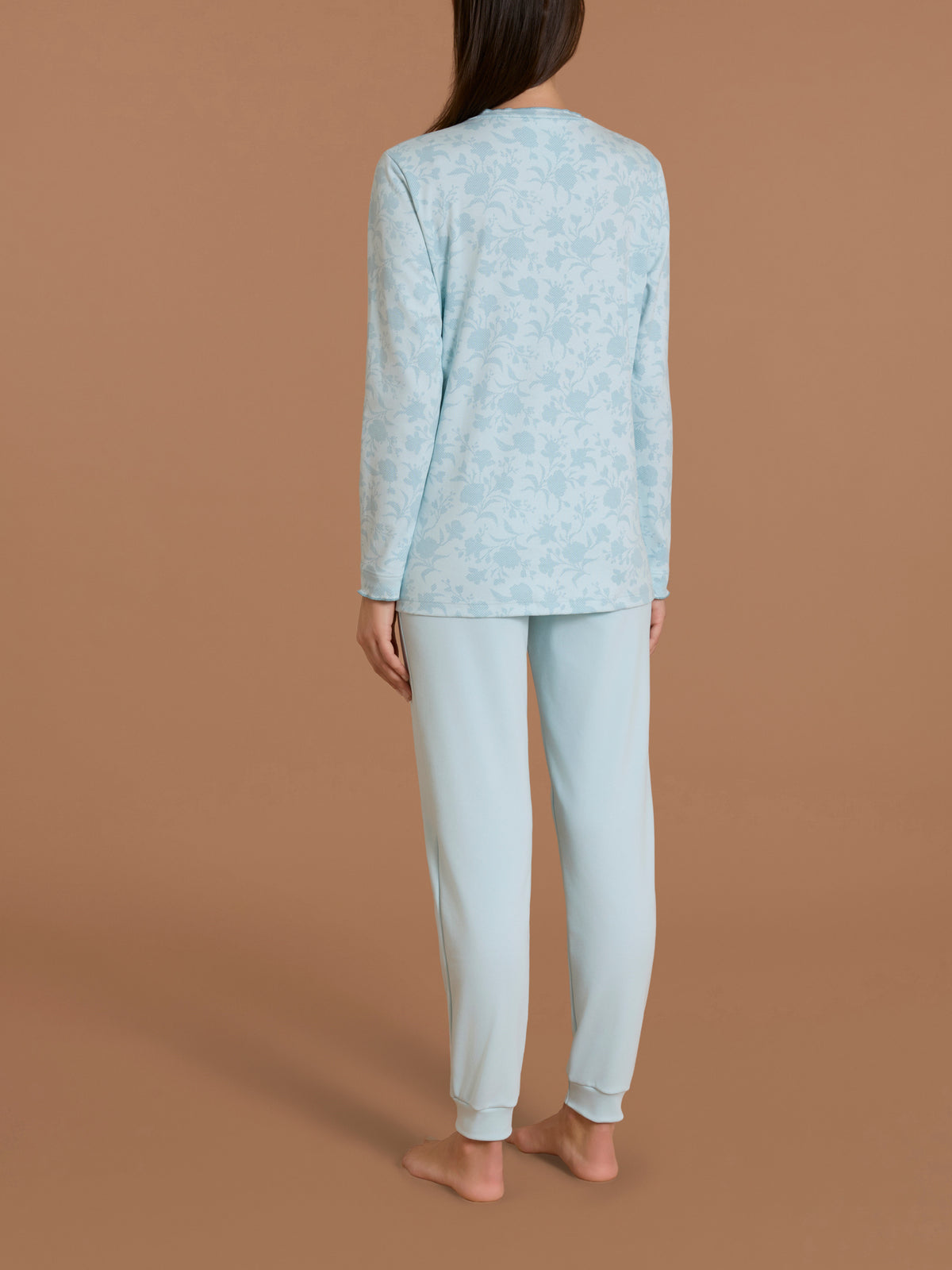 Pigiama a serafino con rouches in Interlock di cotone Azzurri Donna - Ragno