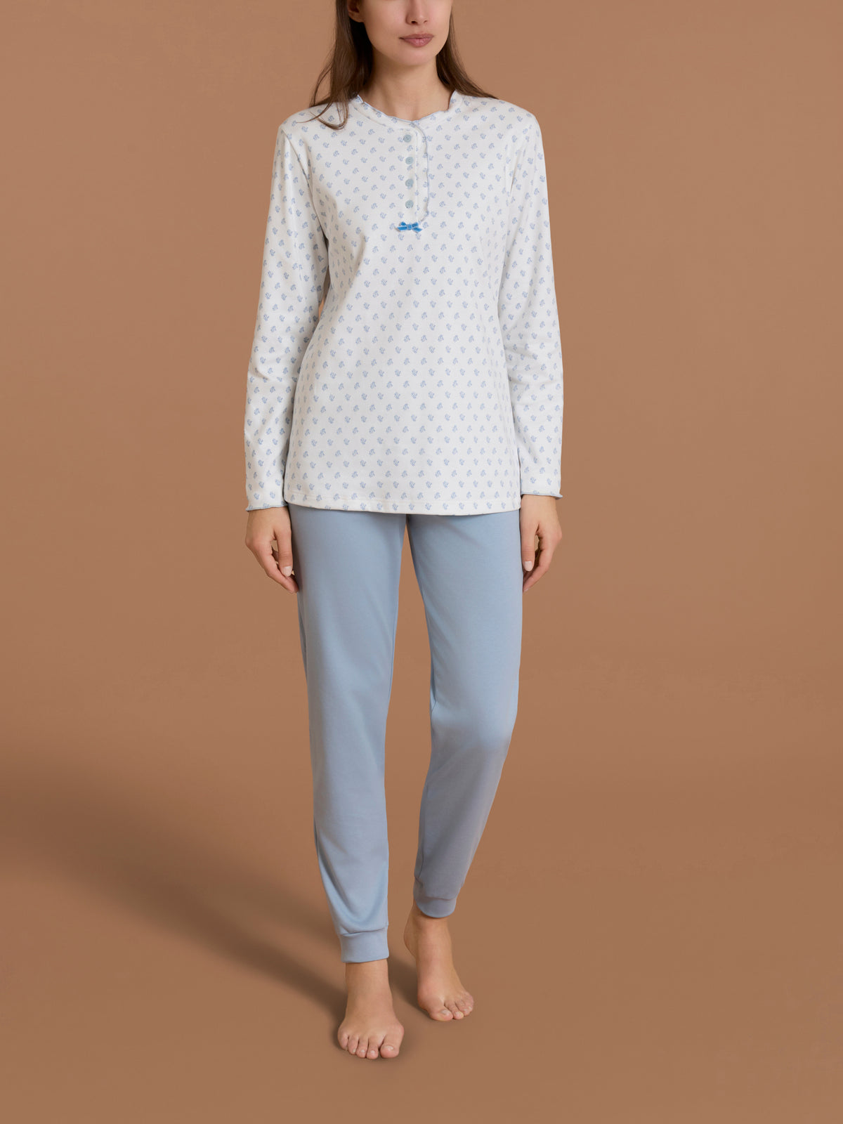 Pigiama a serafino con rouches in Interlock di cotone Azzurri Donna - Ragno