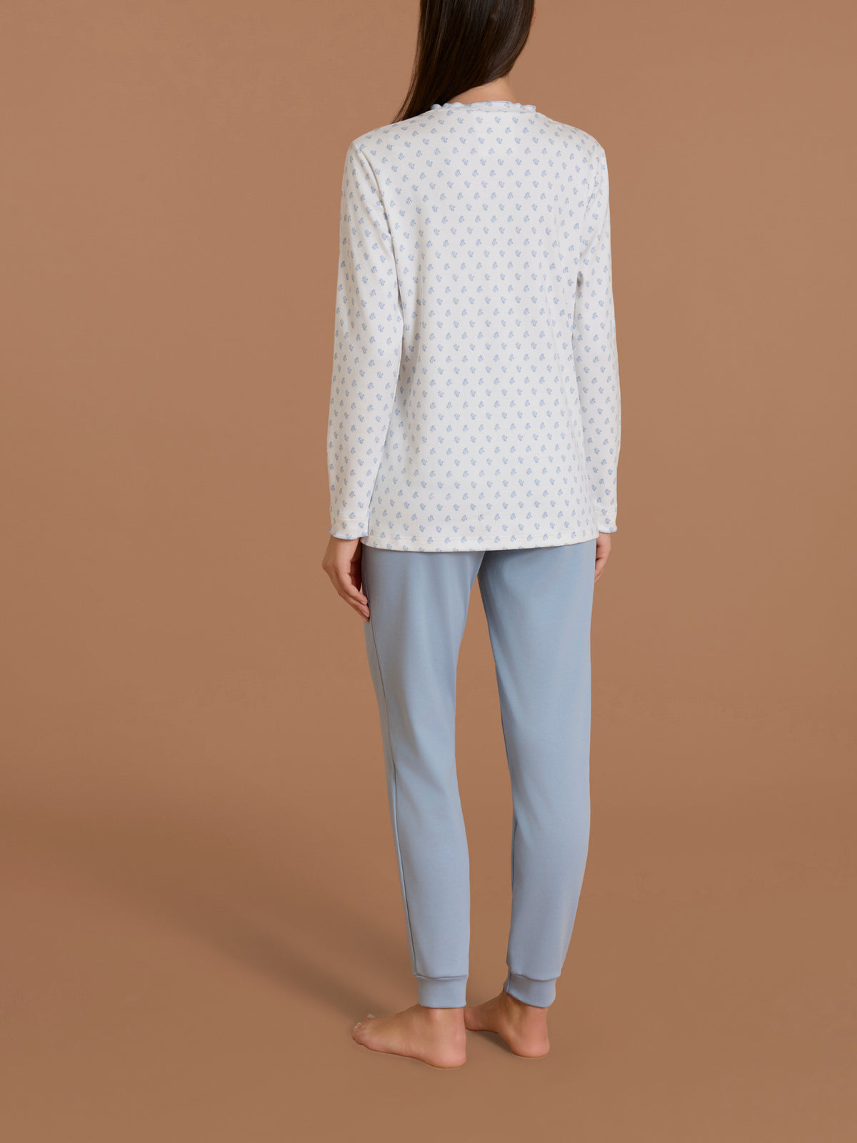 Pigiama a serafino con rouches in Interlock di cotone Azzurri Donna - Ragno