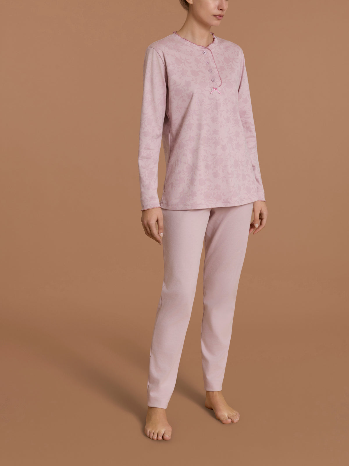 Pigiama a serafino con rouches in Interlock di cotone Rosa Donna - Ragno