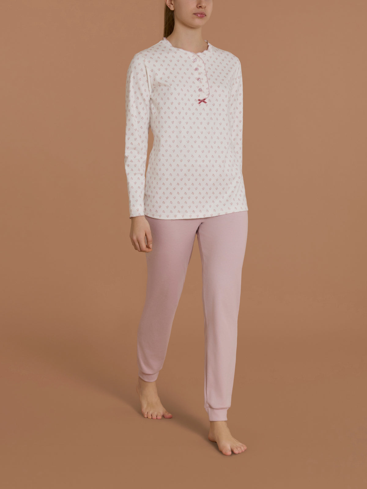 Pigiama a serafino con rouches in Interlock di cotone Rosa Donna - Ragno