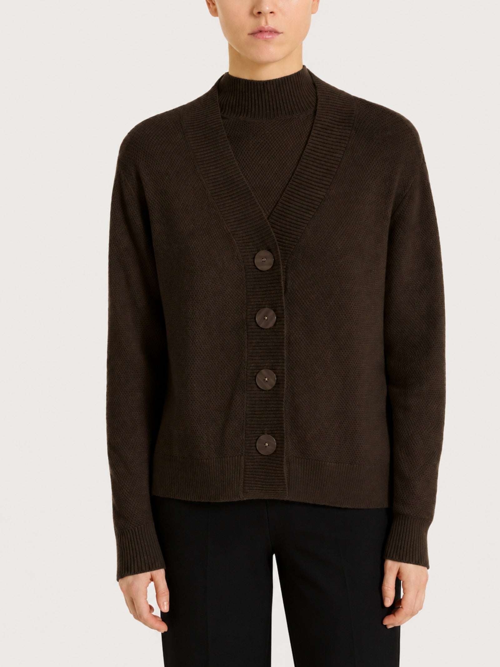 Cardigan con scollo a V e punto riso in Soft Wool Marroni Donna - Ragno