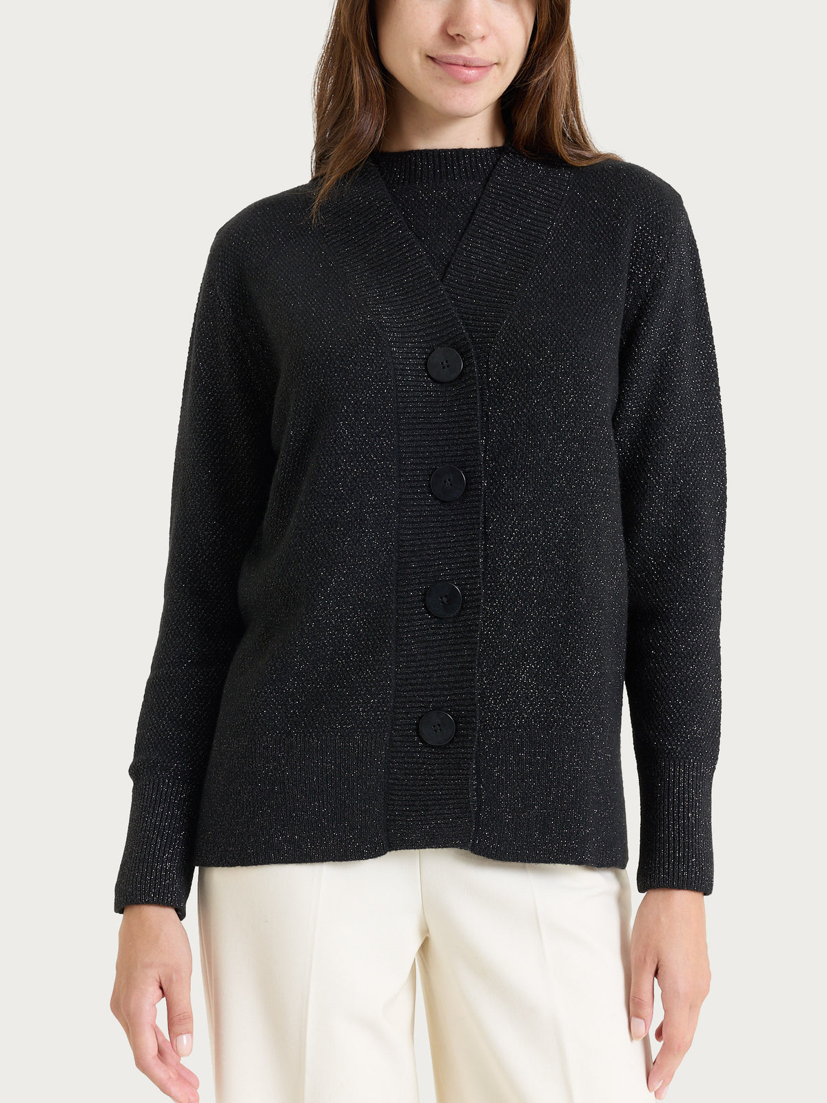 Strickjacke mit V-Ausschnitt und Reisstich aus Lurex Soft Wool, Nero, für Damen – Ragno