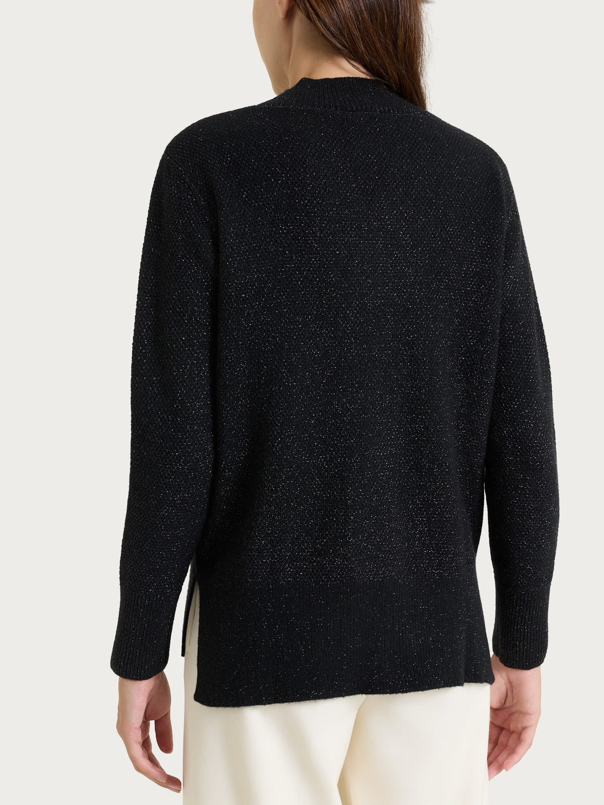 Strickjacke mit V-Ausschnitt und Reisstich aus Lurex Soft Wool, Nero, für Damen – Ragno