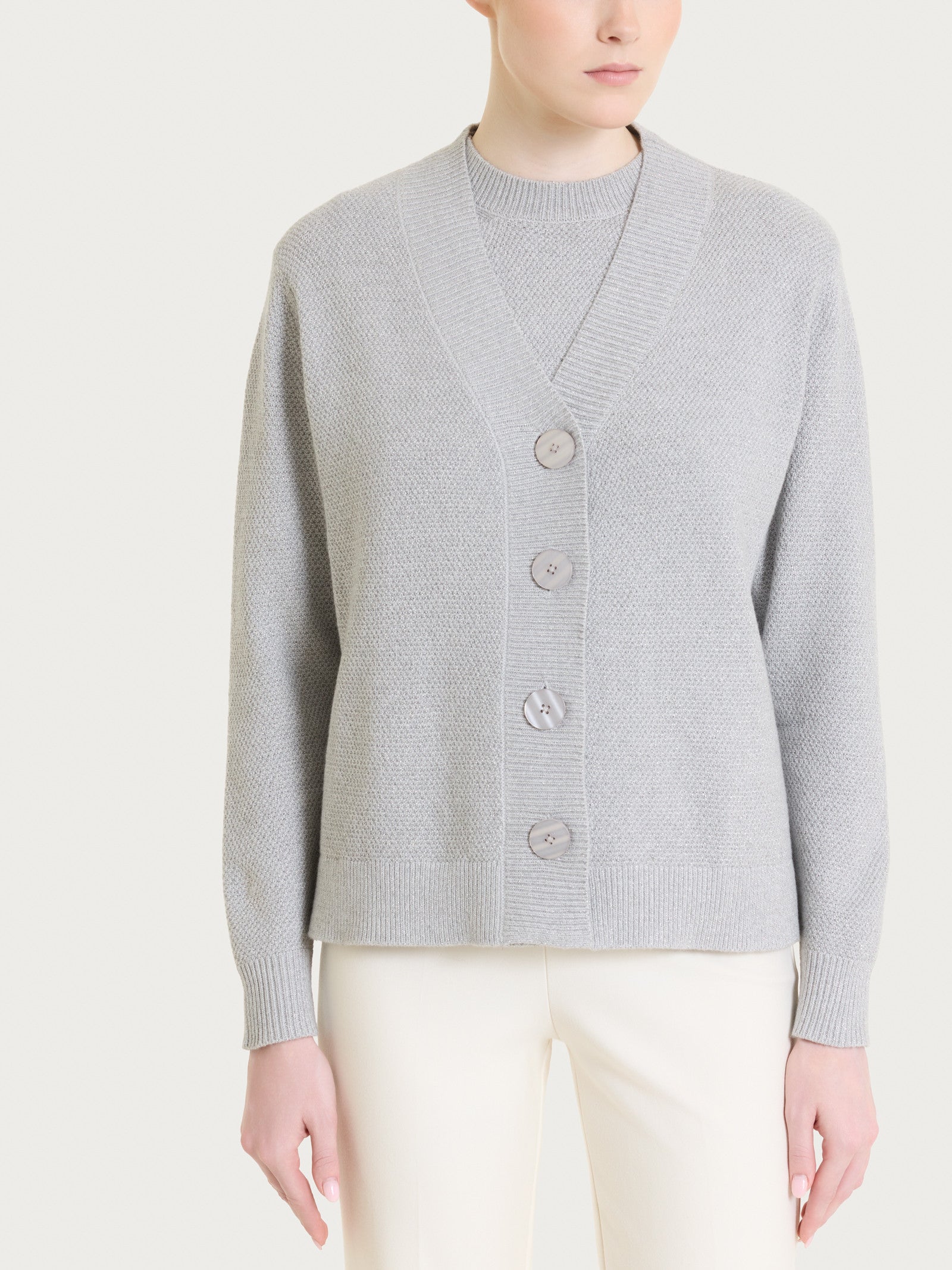 Cardigan con scollo a V e punto riso in Lurex Soft Wool Neri Donna - Ragno