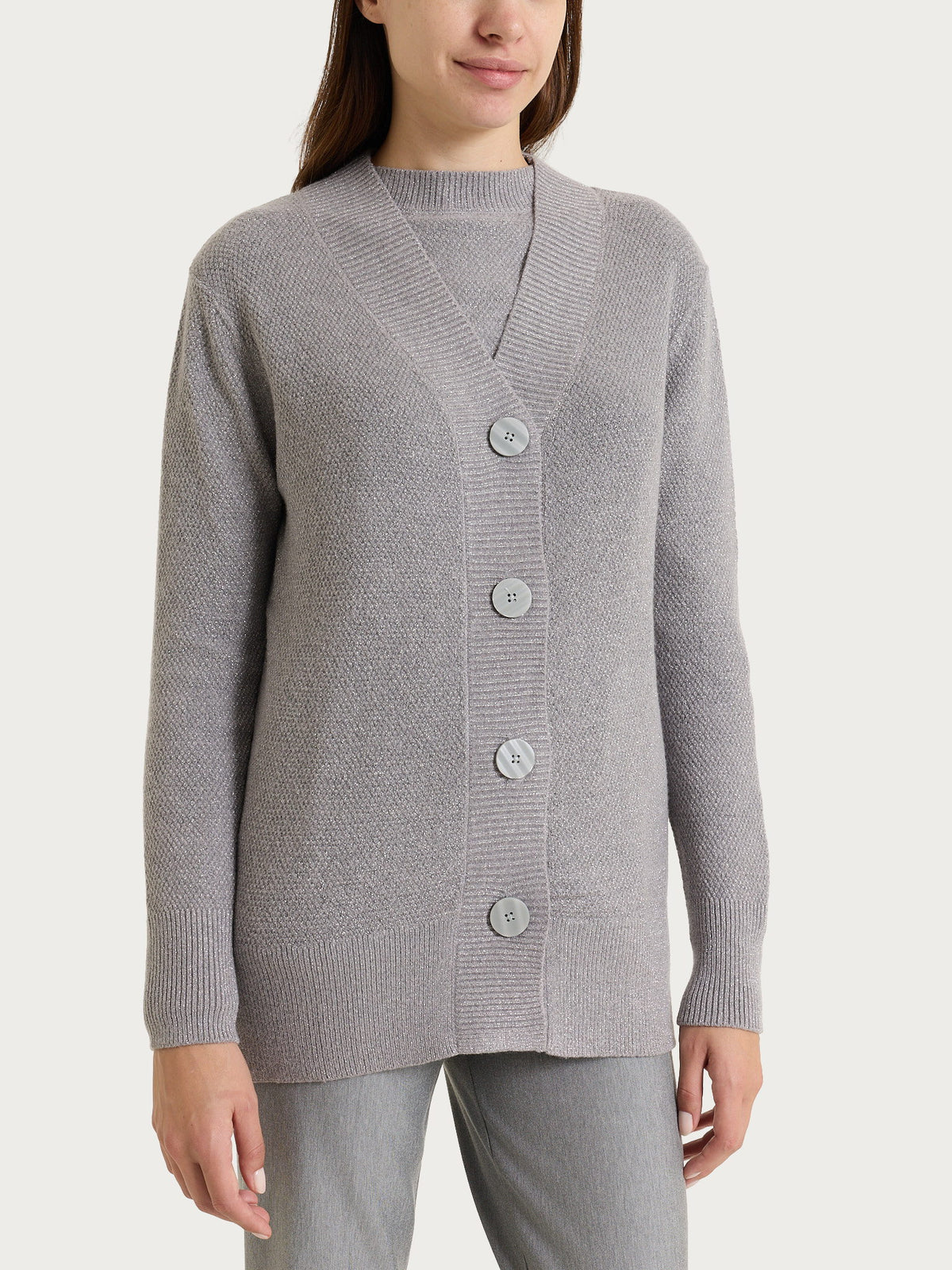 Cardigan con scollo a V e punto riso in Lurex NaturalSoft Neri Donna - Ragno