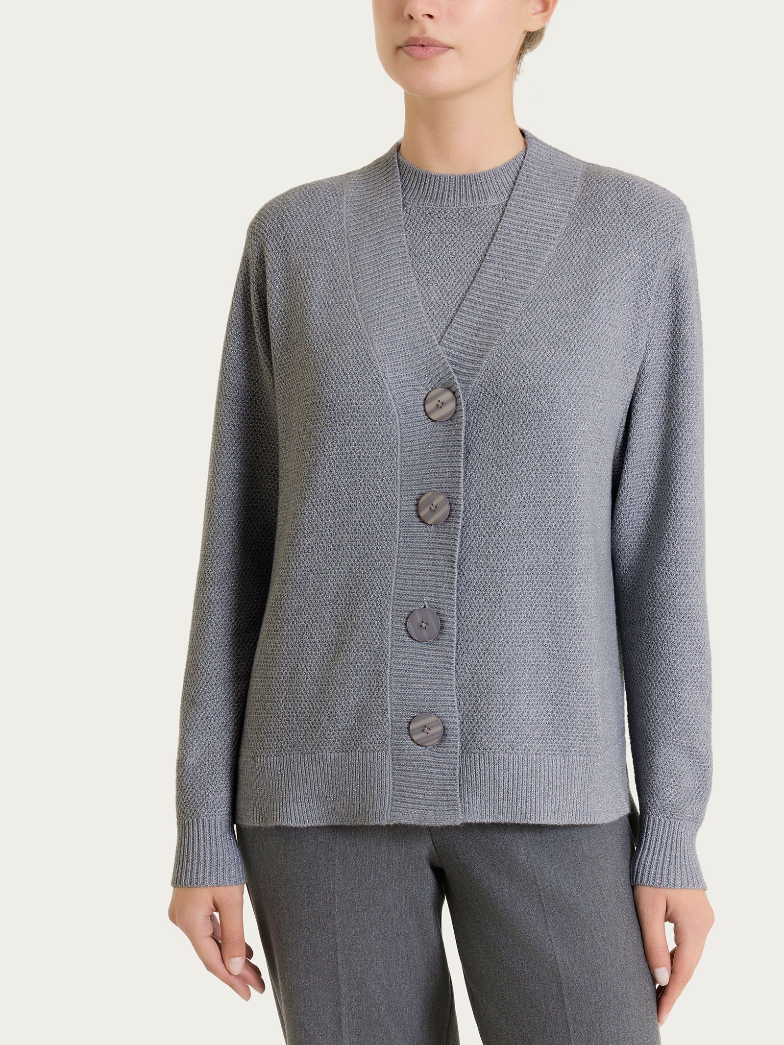 Cardigan con scollo a V e punto riso in Lurex Soft Wool Neri Donna - Ragno