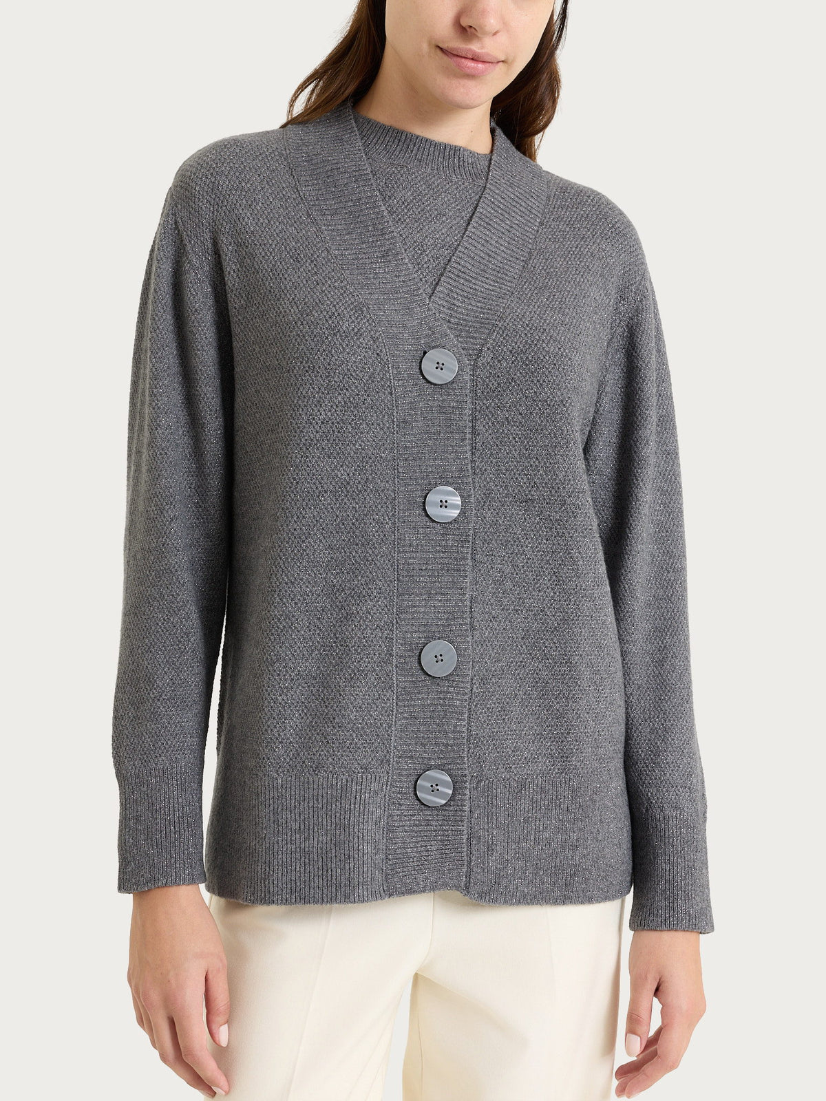 Cardigan con scollo a V e punto riso in Lurex NaturalSoft Neri Donna - Ragno