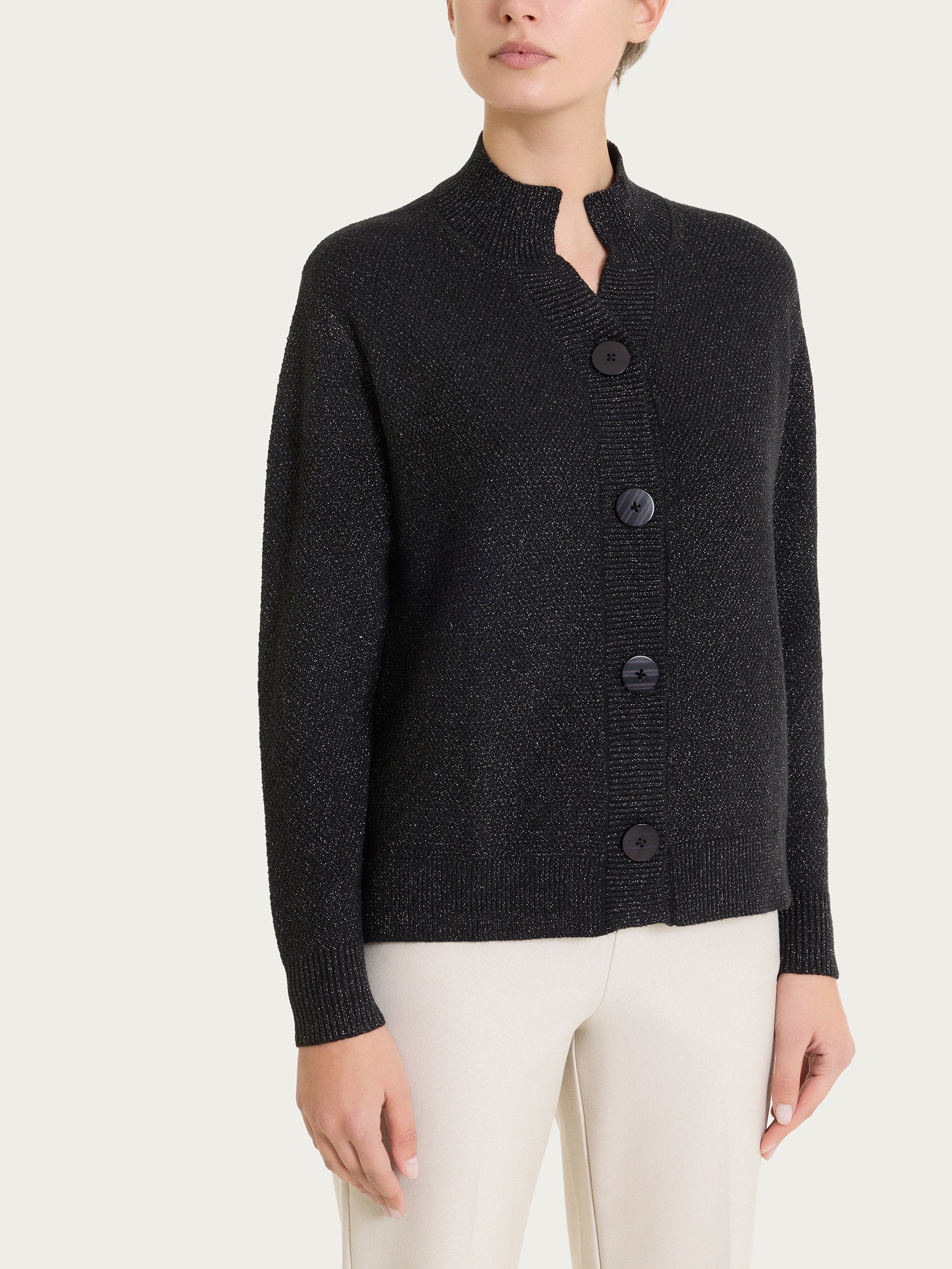 Cardigan lupetto con punto riso in Lurex Soft Wool Neri Donna - Ragno