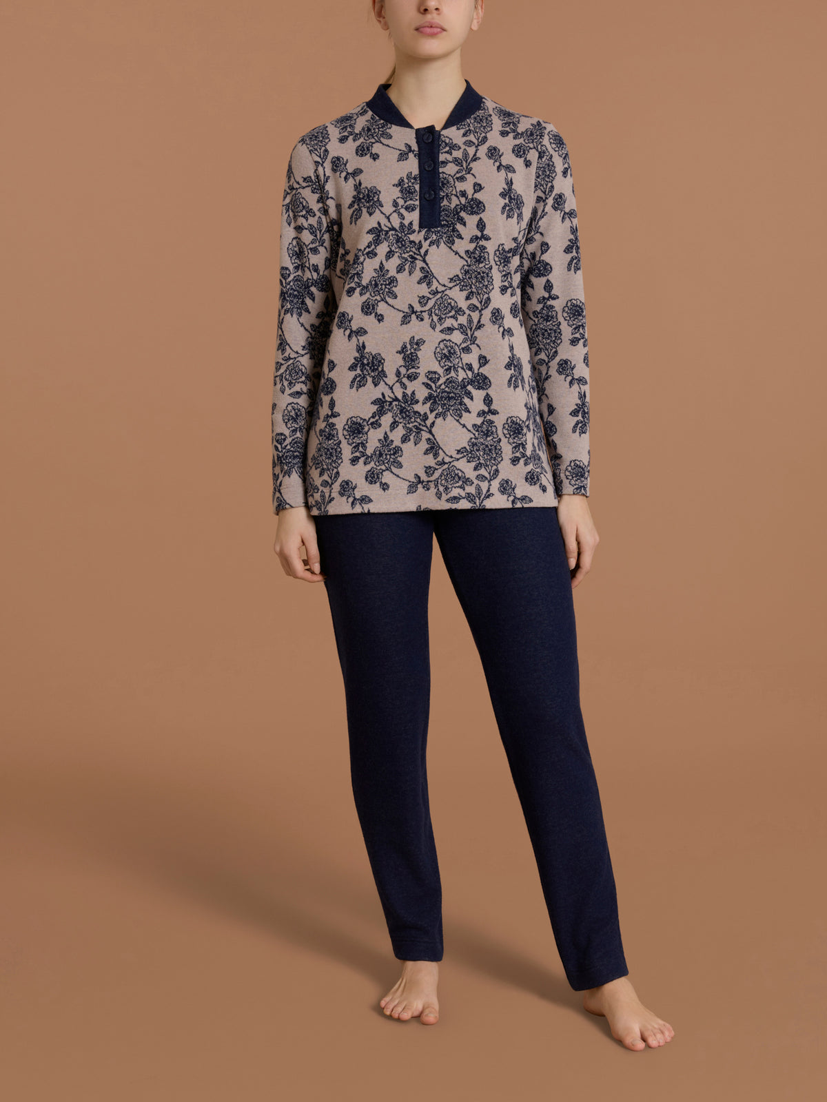 Pigiama serafino alto con fantasia in Cotton Pile Grigi Donna - Ragno