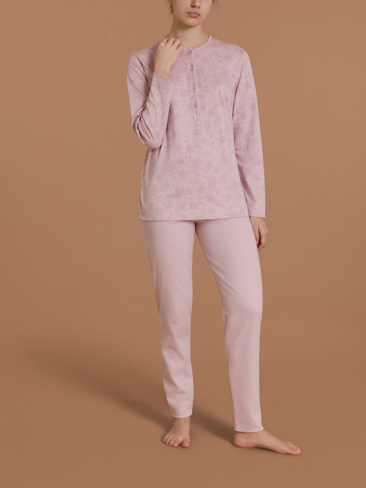 Pigiama a serafino con pieghe in Interlock di cotone 40-54 Rosa Donna - Ragno