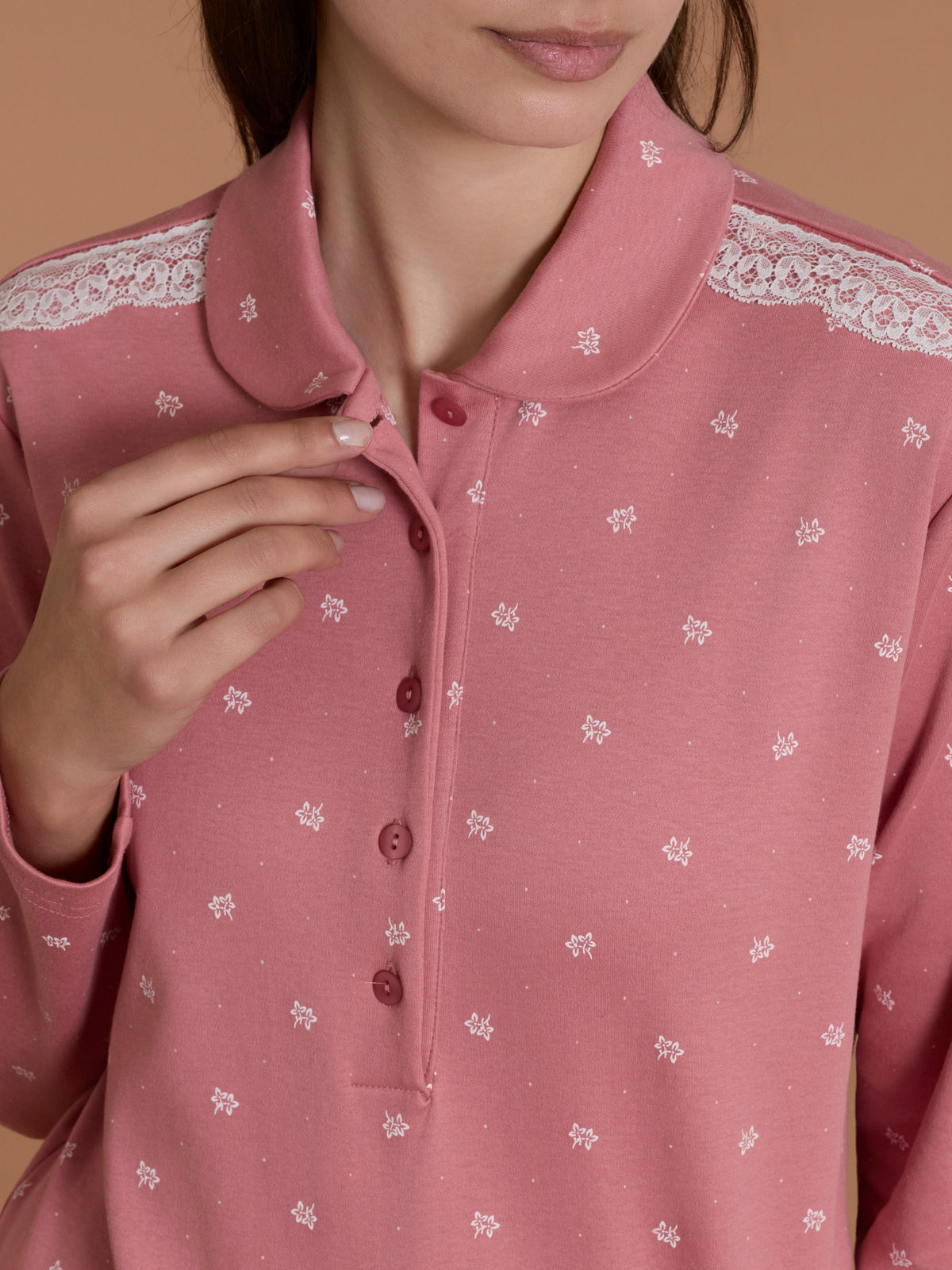 Pigiama floreale a serafino con pizzo in Interlock di cotone  Rossi Donna - Ragno