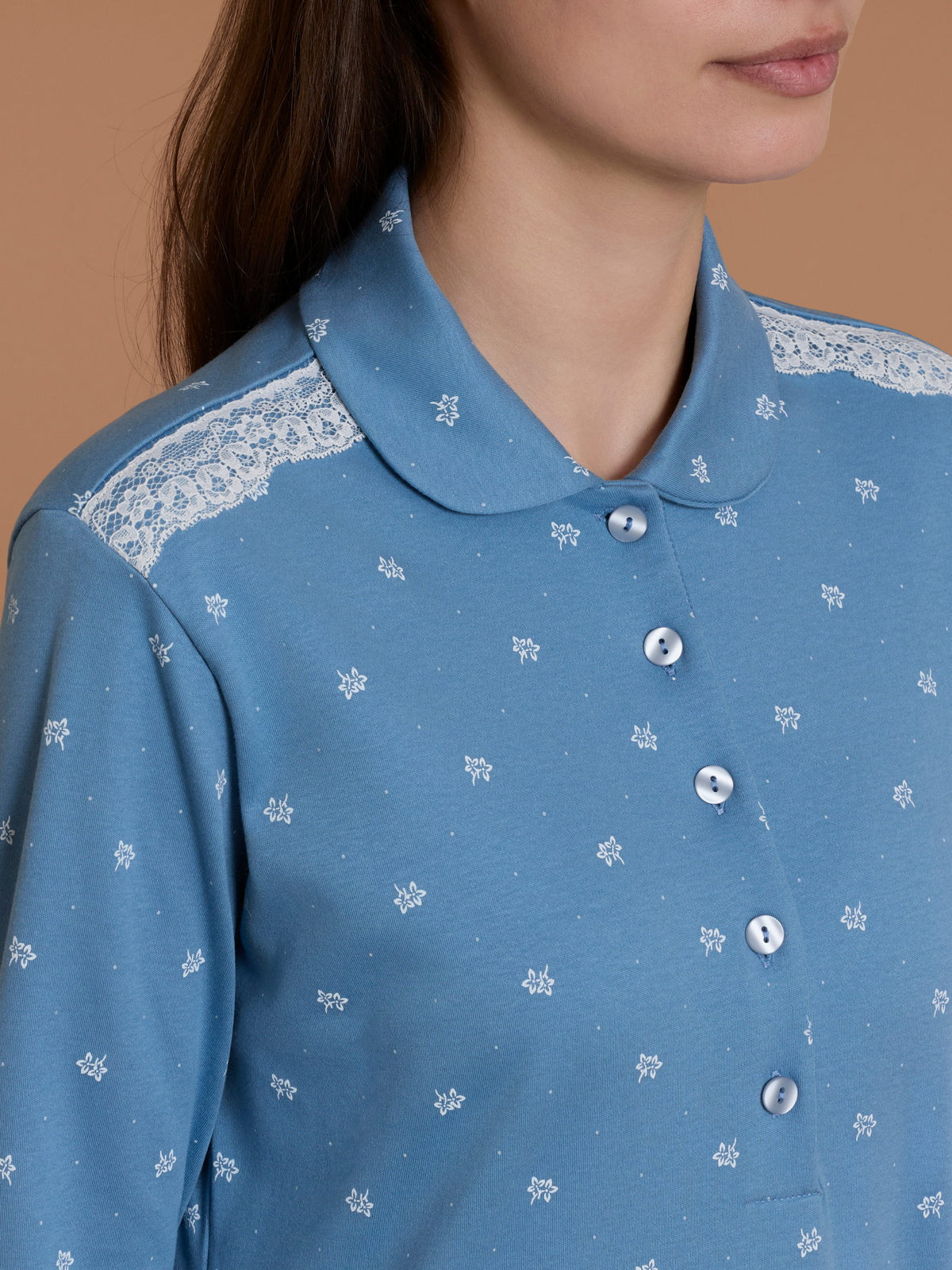 Pigiama floreale a serafino con pizzo in Interlock di cotone  Azzurri Donna - Ragno