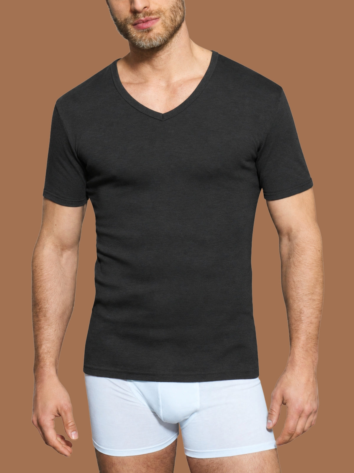 Thermo Cotton - Maglietta scollo V a manica corta in caldo cotone  Neri Uomo - Ragno
