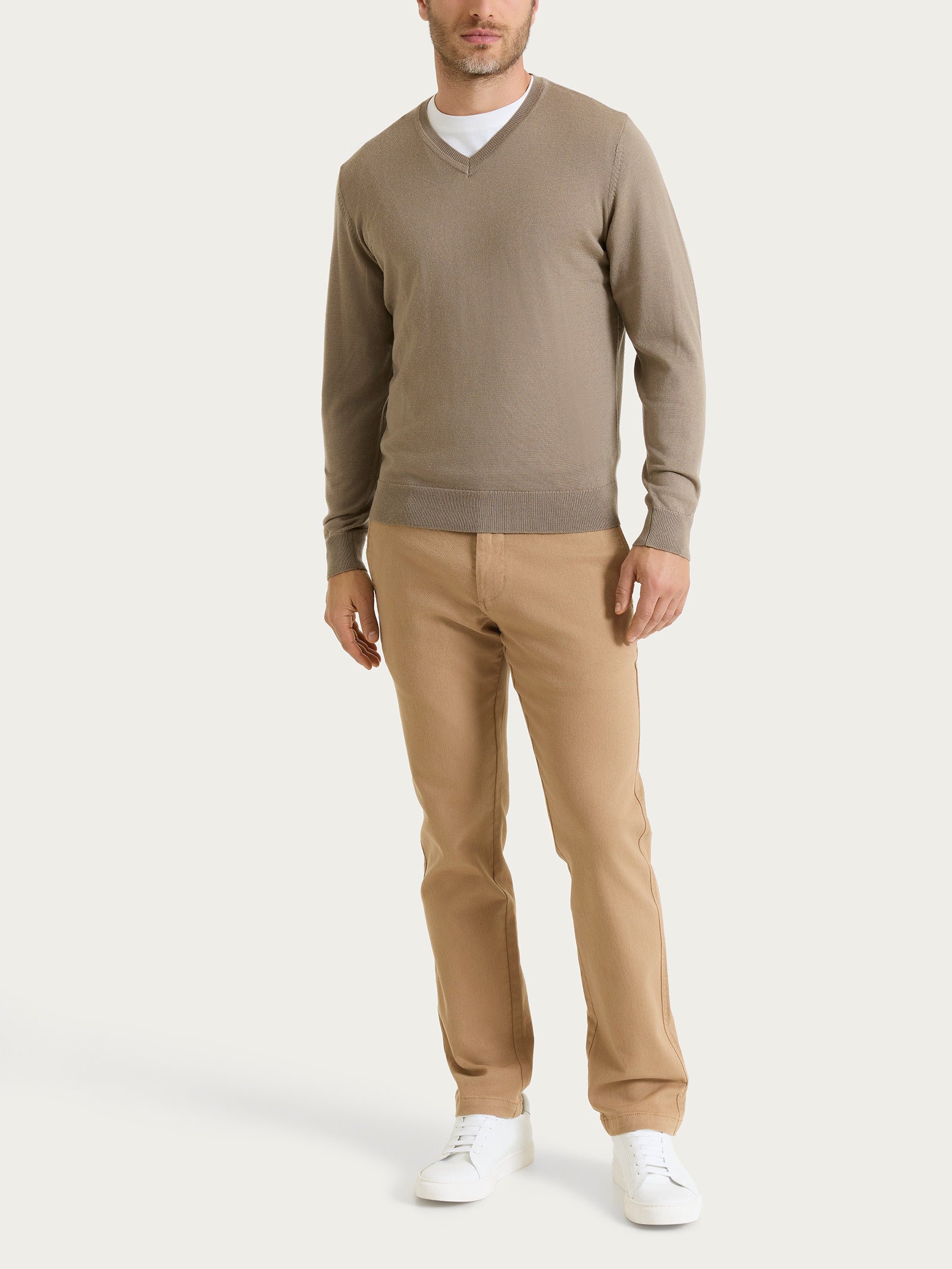 Pull con scollo a V in maglia unita in Merino Soft Marroni Uomo - Ragno