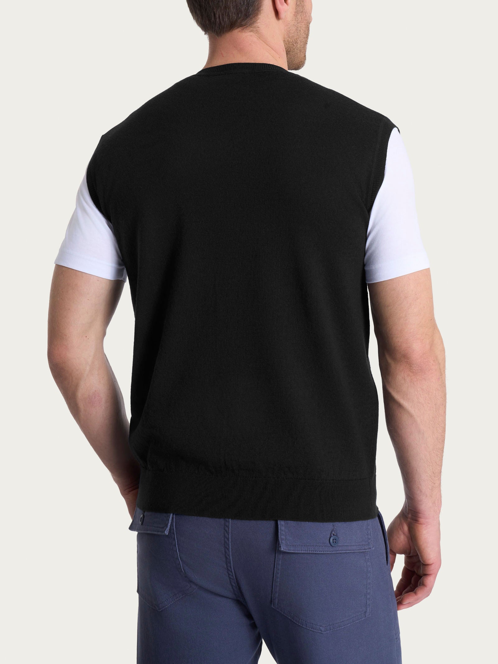 Pull smanicato con scollo a V in maglia unita in Merino Soft Neri Uomo - Ragno