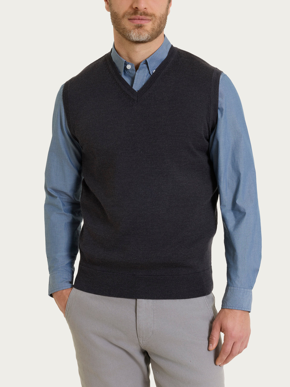 Pull smanicato con scollo a V in maglia unita in Merino Soft Neri Uomo - Ragno