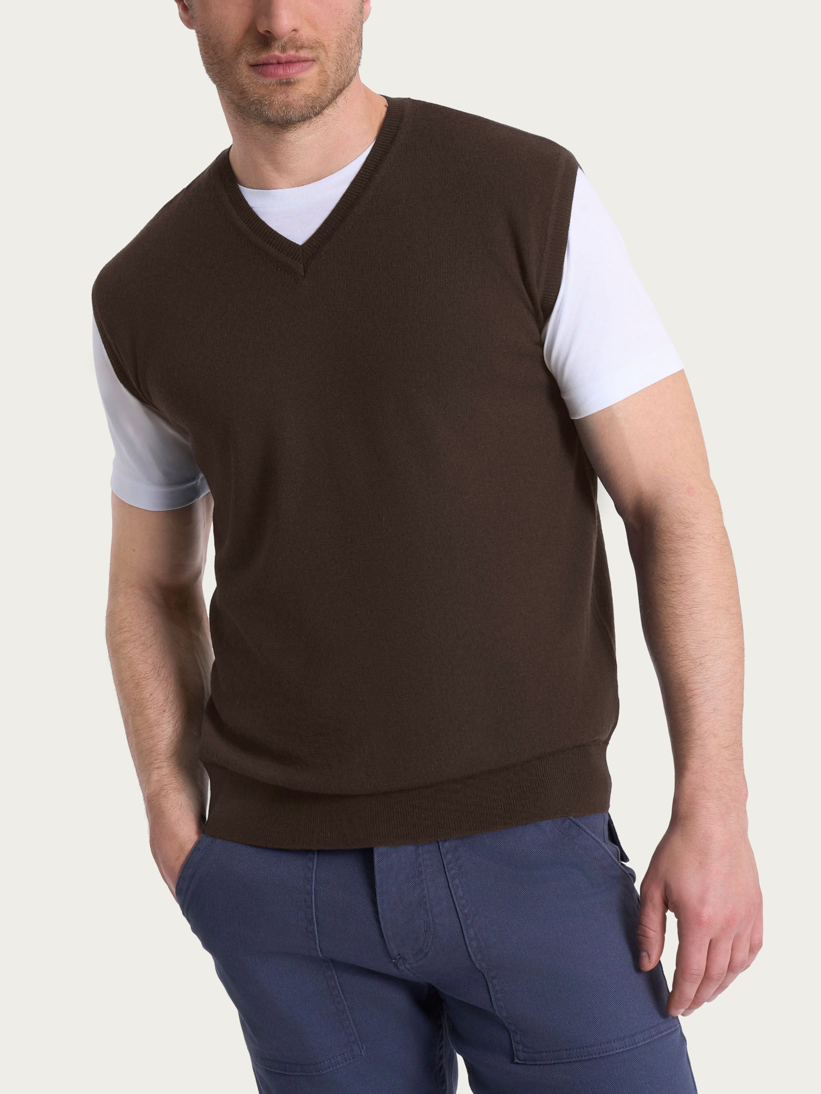 Pull smanicato con scollo a V in maglia unita in Merino Soft Marroni Uomo - Ragno