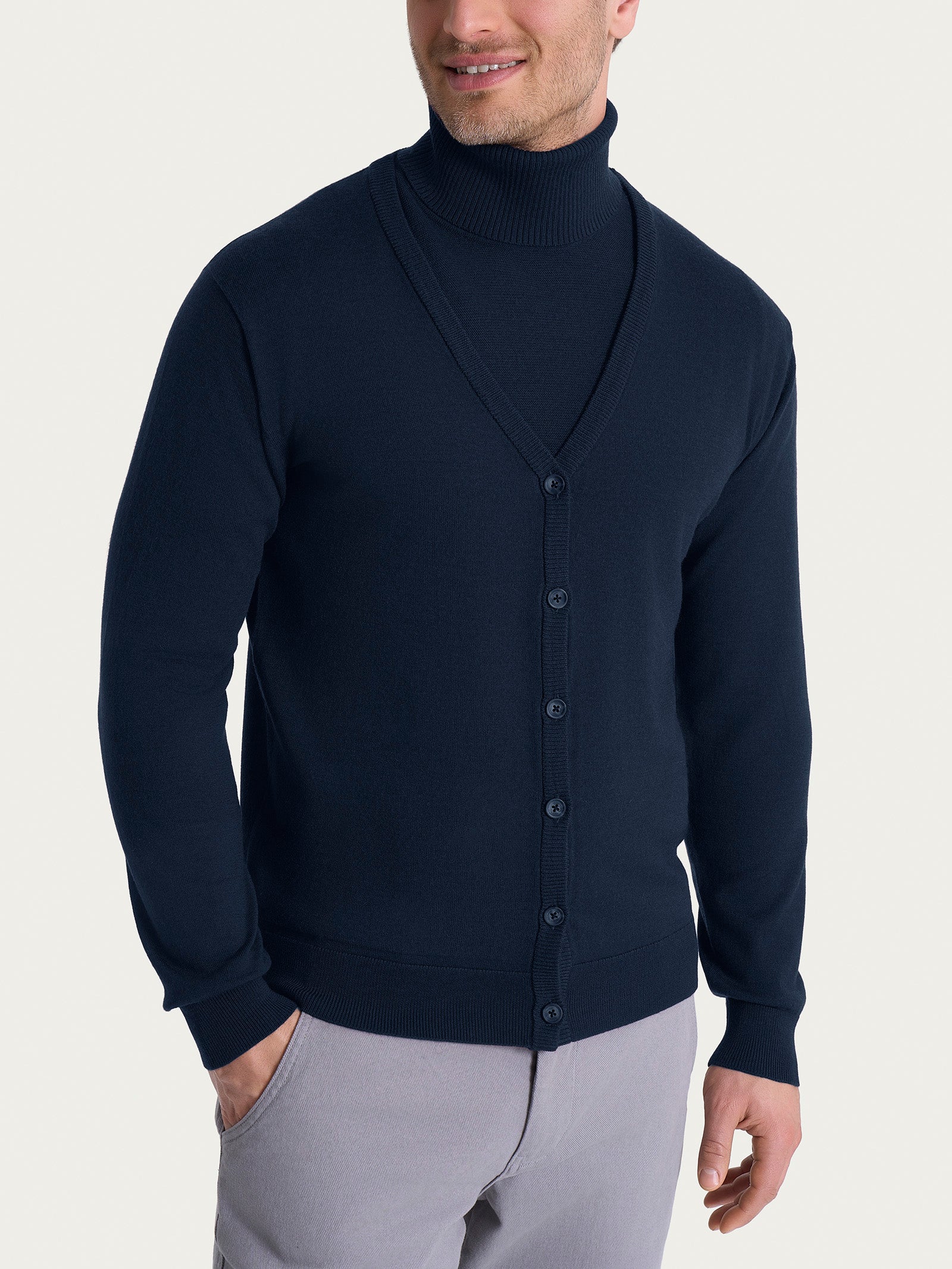 Cardigan a maglia unita in Merino Soft Blu Uomo - Ragno