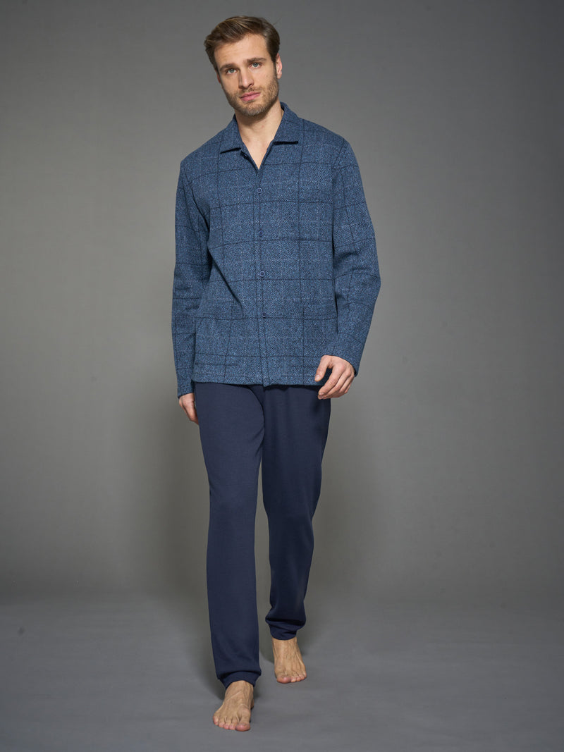 Pigiama Uomo In Puro Cotone Amalfi | Modello Aperto Davanti | Riga Bluette | Taglia 58