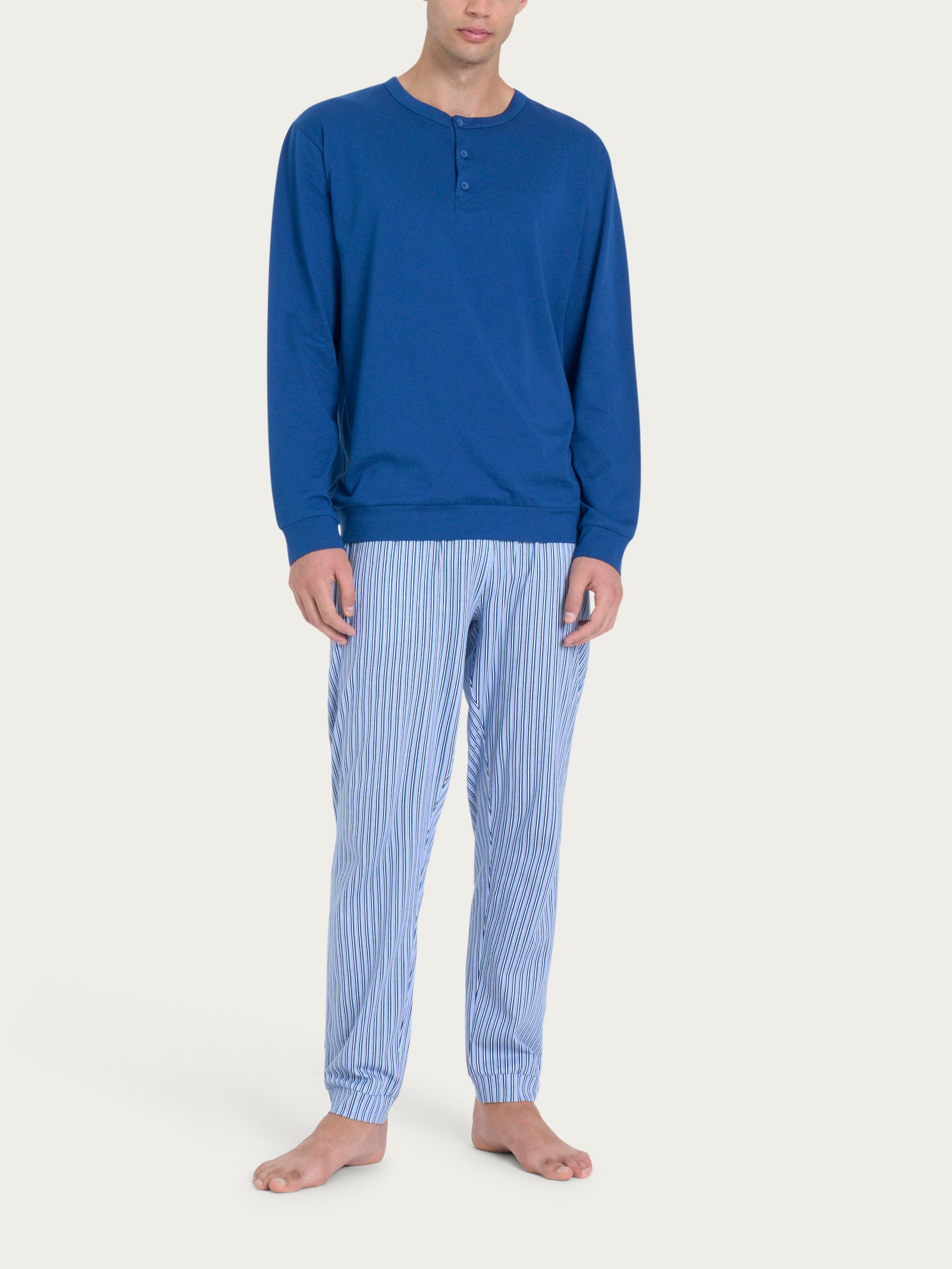 Pigiama lungo a serafino con fantasia in Jersey di Cotone Blu Uomo - Ragno