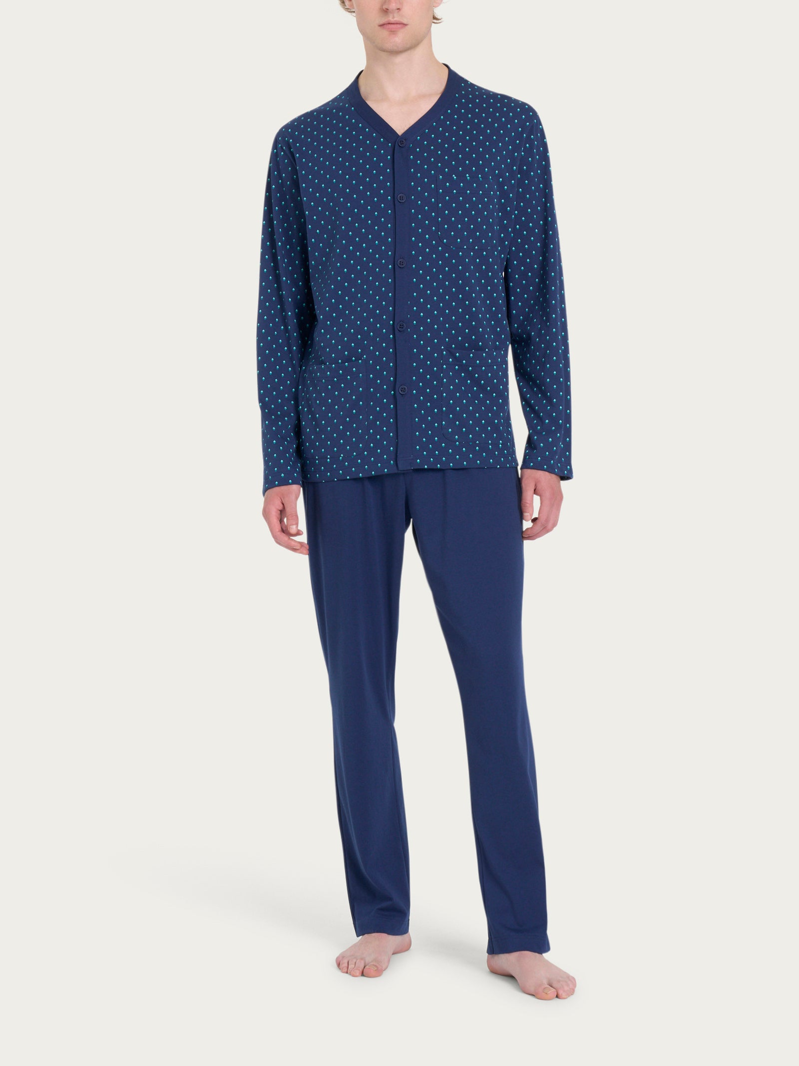 Pigiama lungo aperto con stile geometrico in Jersey di Cotone 44-56 Blu Uomo - Ragno