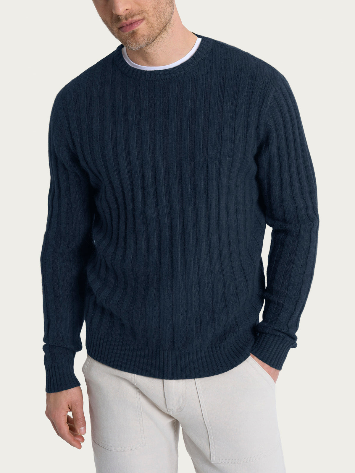 Pull girocollo con costa piatta in misto lana e angora Blu Uomo - Ragno