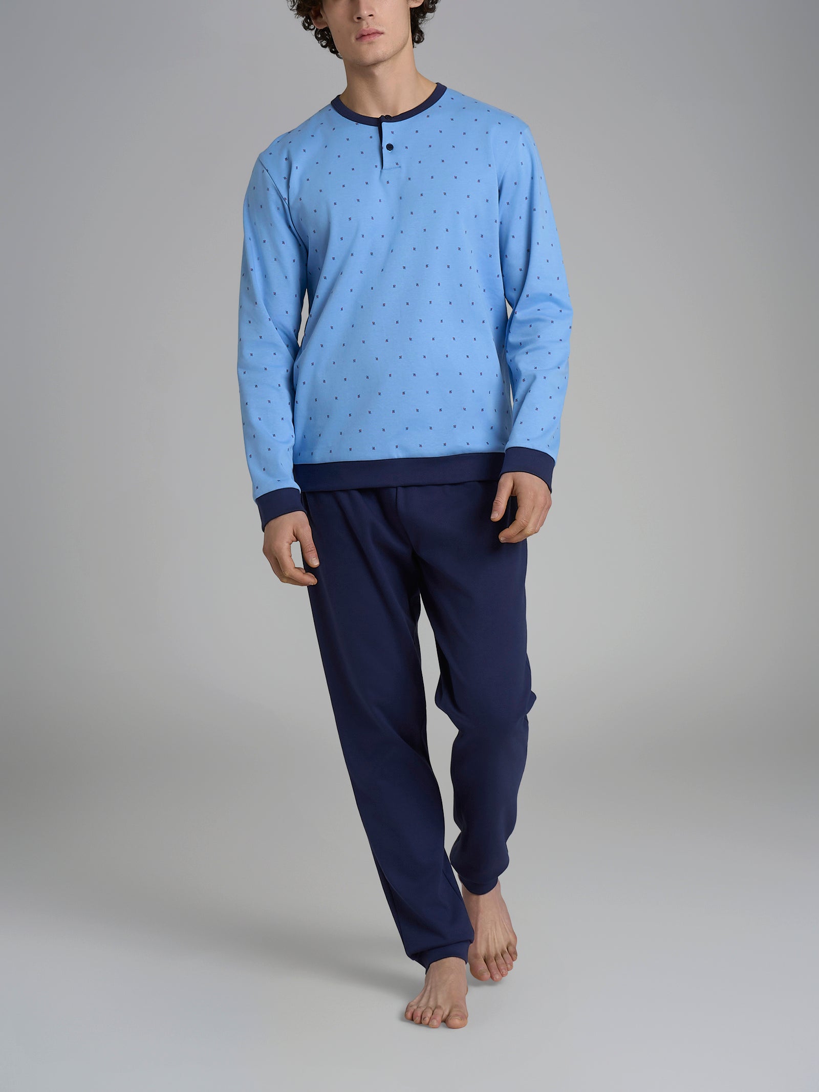 Pigiama serafino con fantasia geometrica in interlock di cotone 44-56 Blu Uomo - Ragno