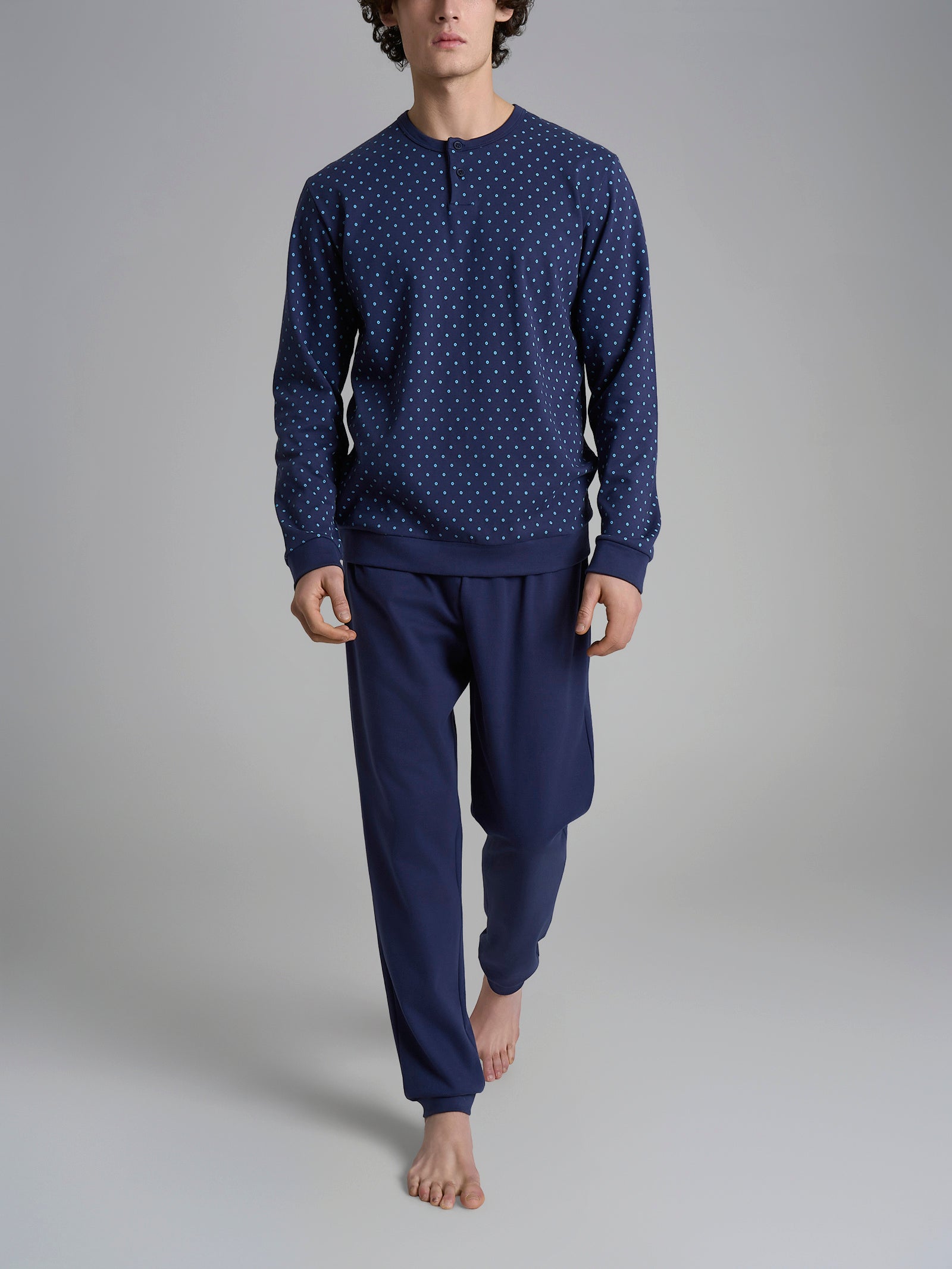 Pigiama serafino con fantasia geometrica in interlock di cotone 44-56 Azzurri Uomo - Ragno