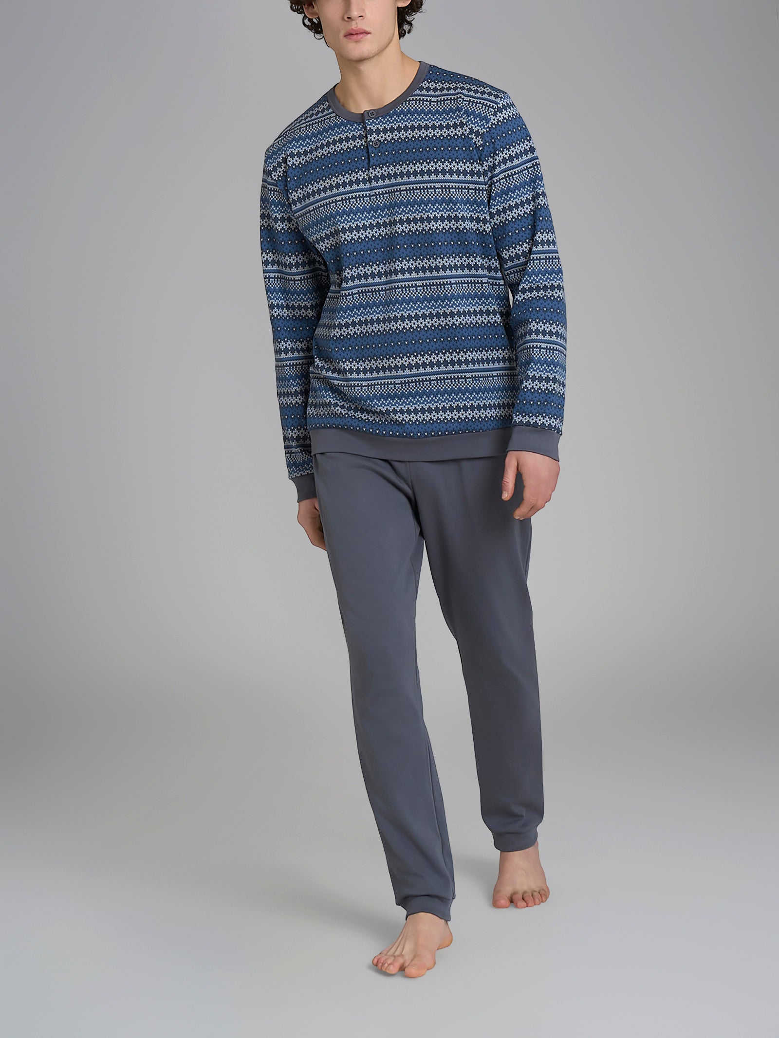 Pigiama a serafino con punto rasato in interlock di cotone Azzurri Uomo - Ragno