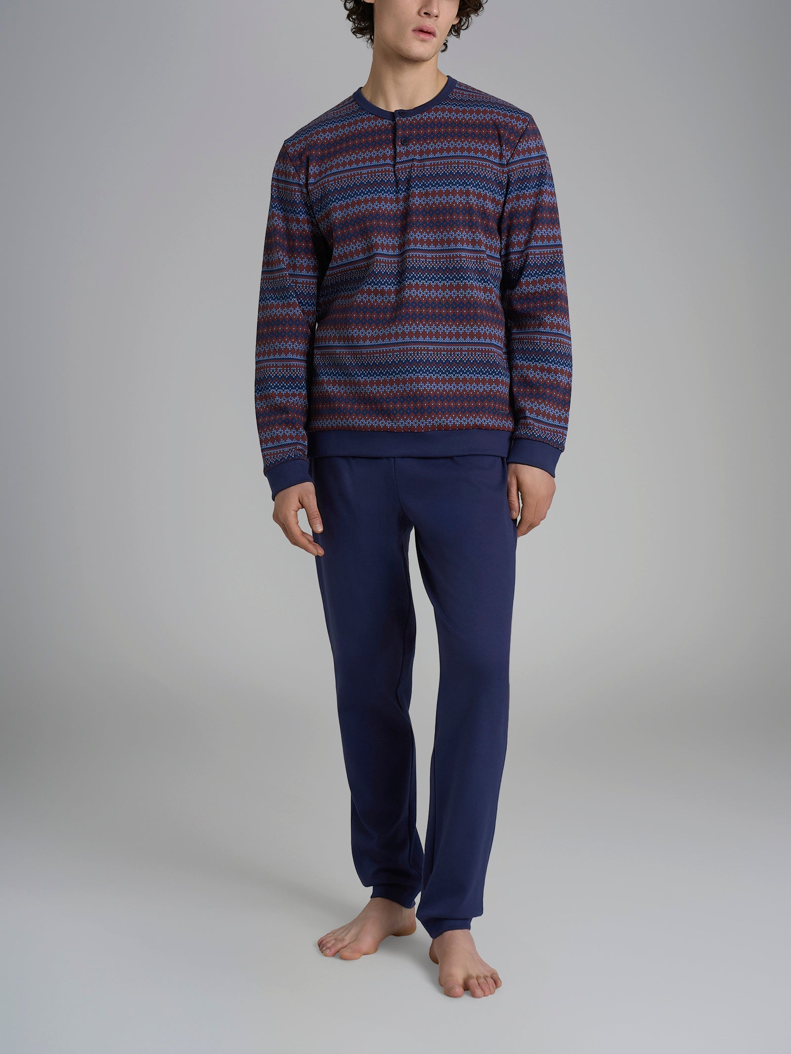 Pigiama a serafino con punto rasato in interlock di cotone Azzurri Uomo - Ragno