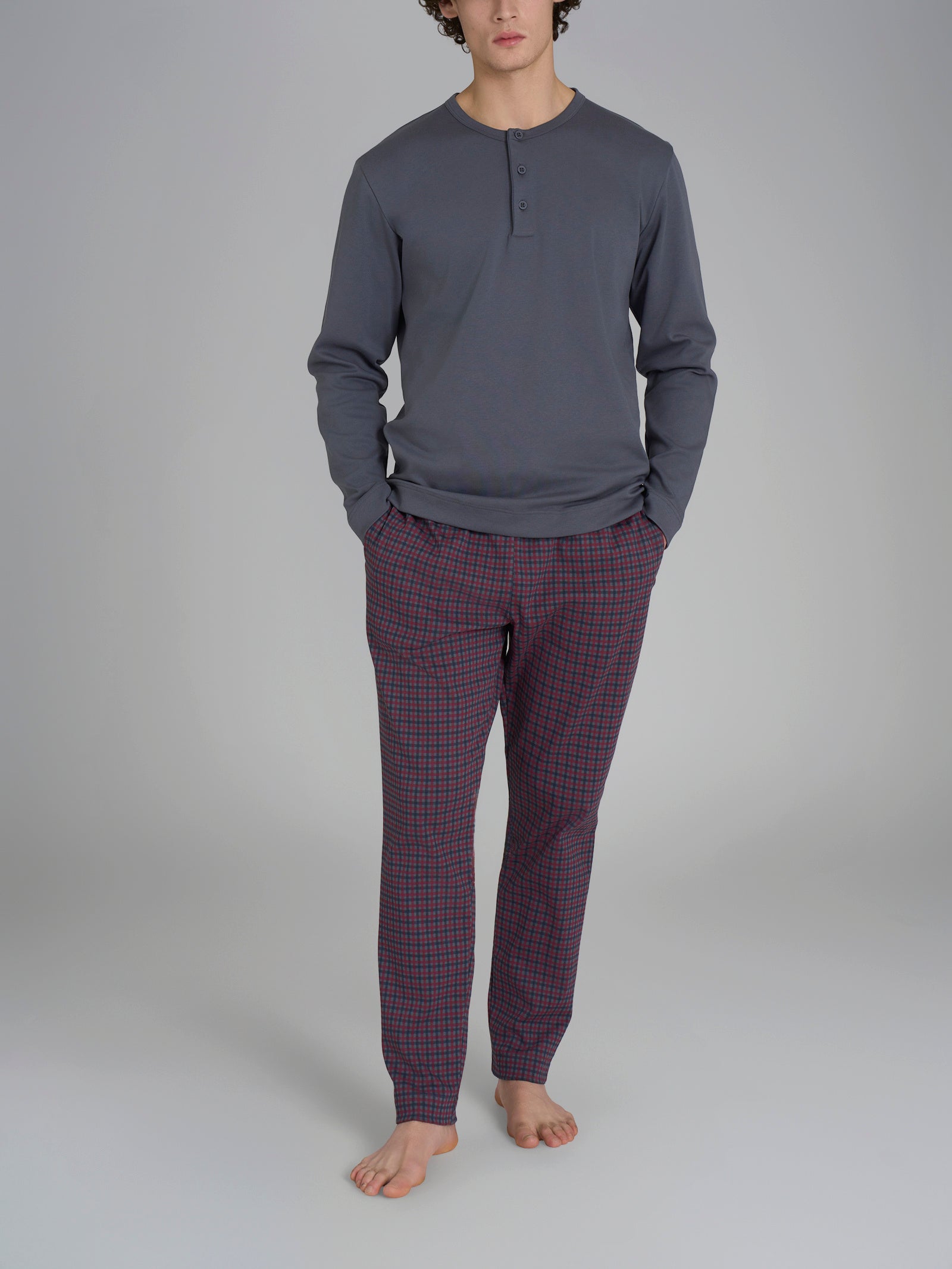 Pigiama a serafino con fantasia tartan in interlock di cotone Neri Uomo - Ragno