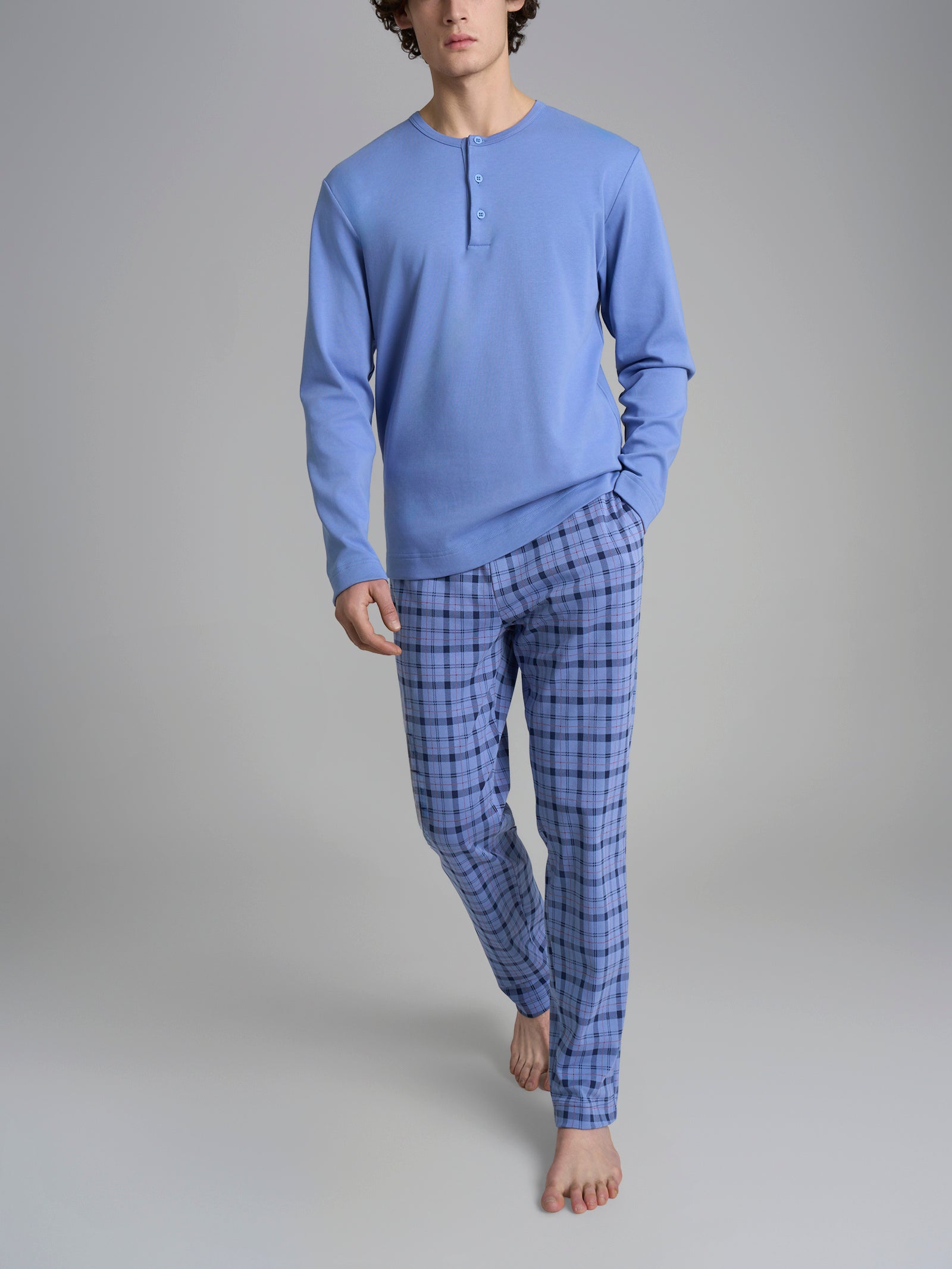 Pigiama tartan a serafino in interlock di cotone Azzurri Uomo - Ragno