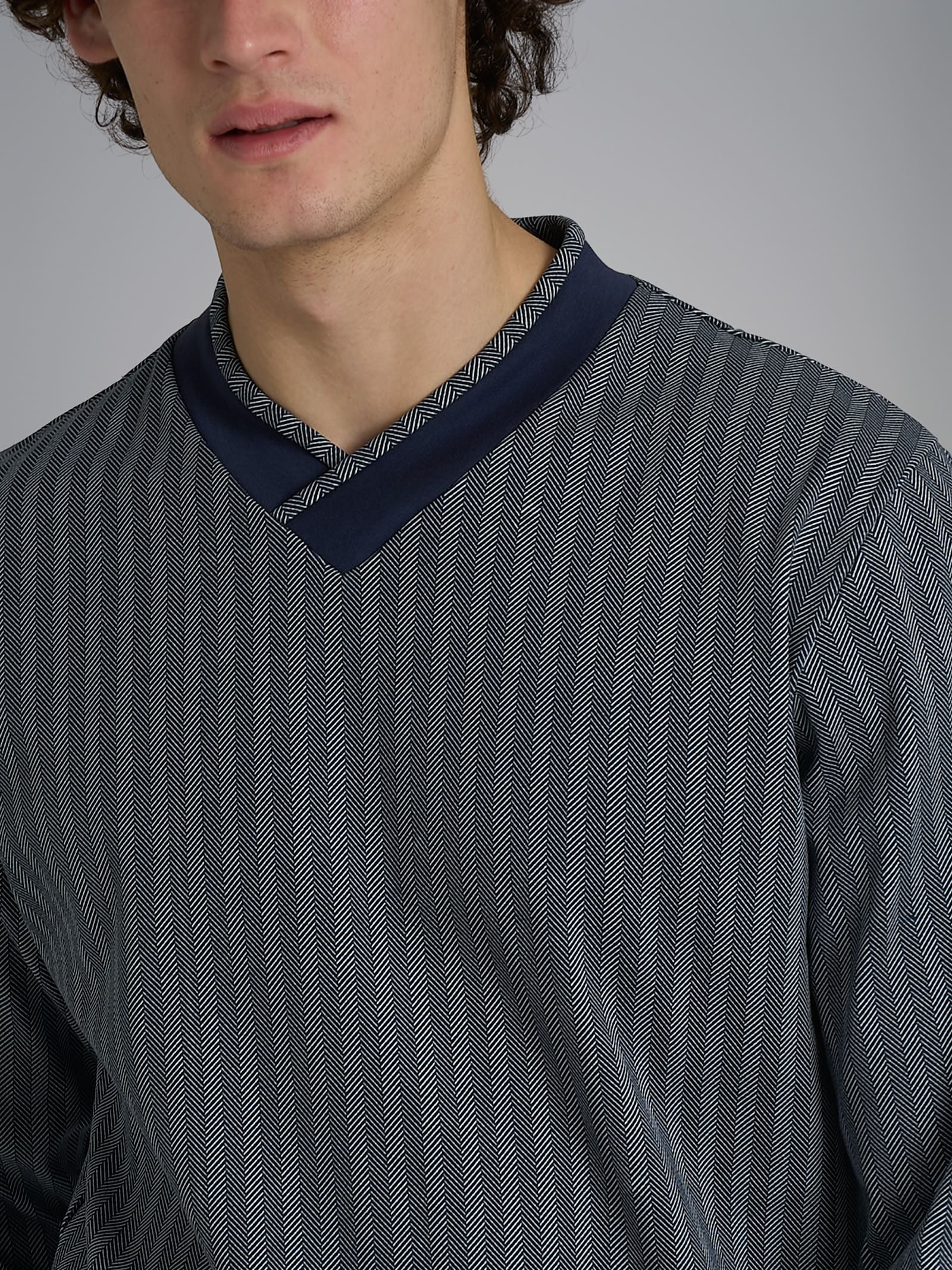 Pigiama spigato con scollo a V in interlock di cotone Blu Uomo - Ragno