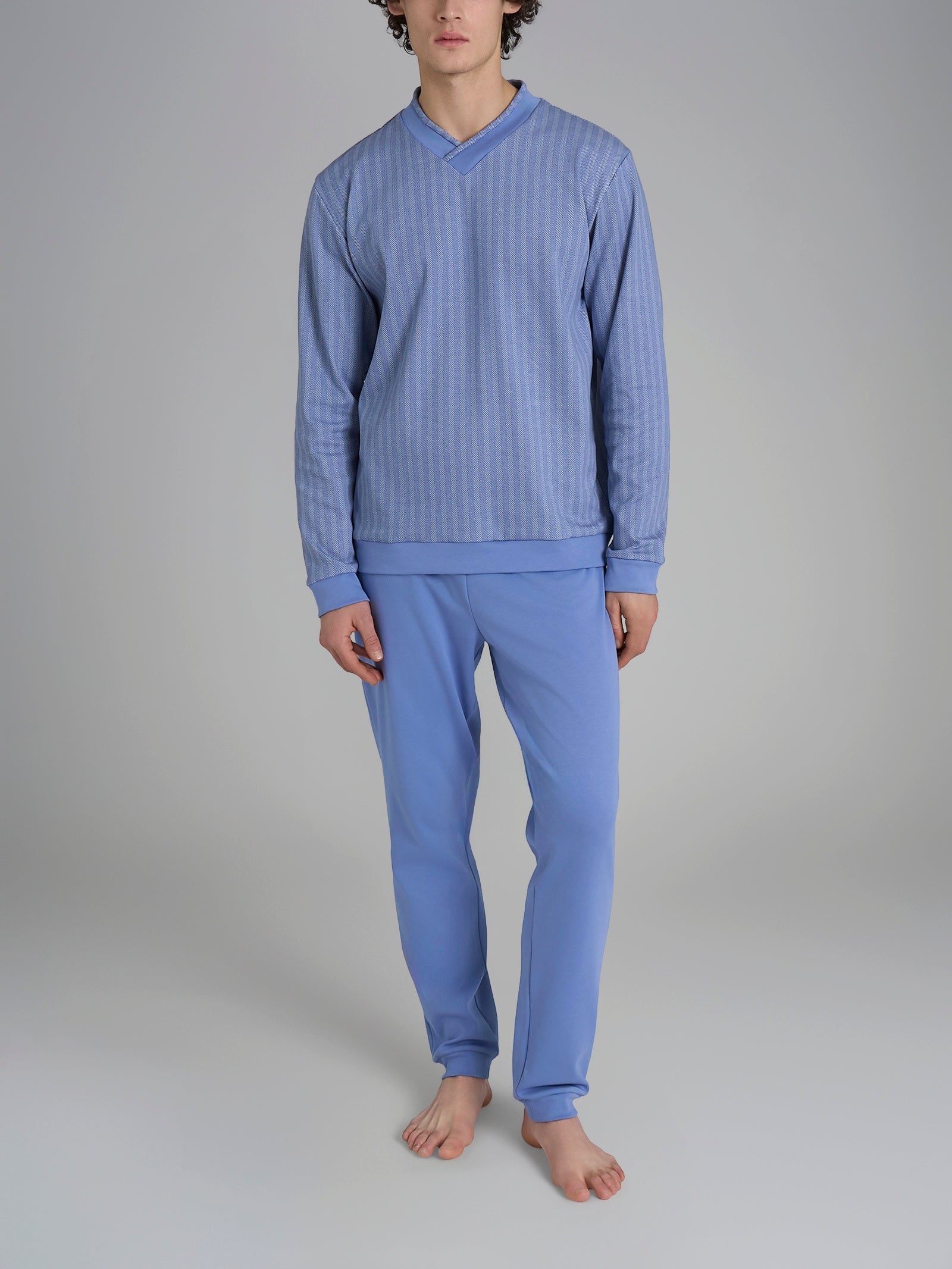 Pigiama spigato con scollo a V in interlock di cotone Azzurri Uomo - Ragno