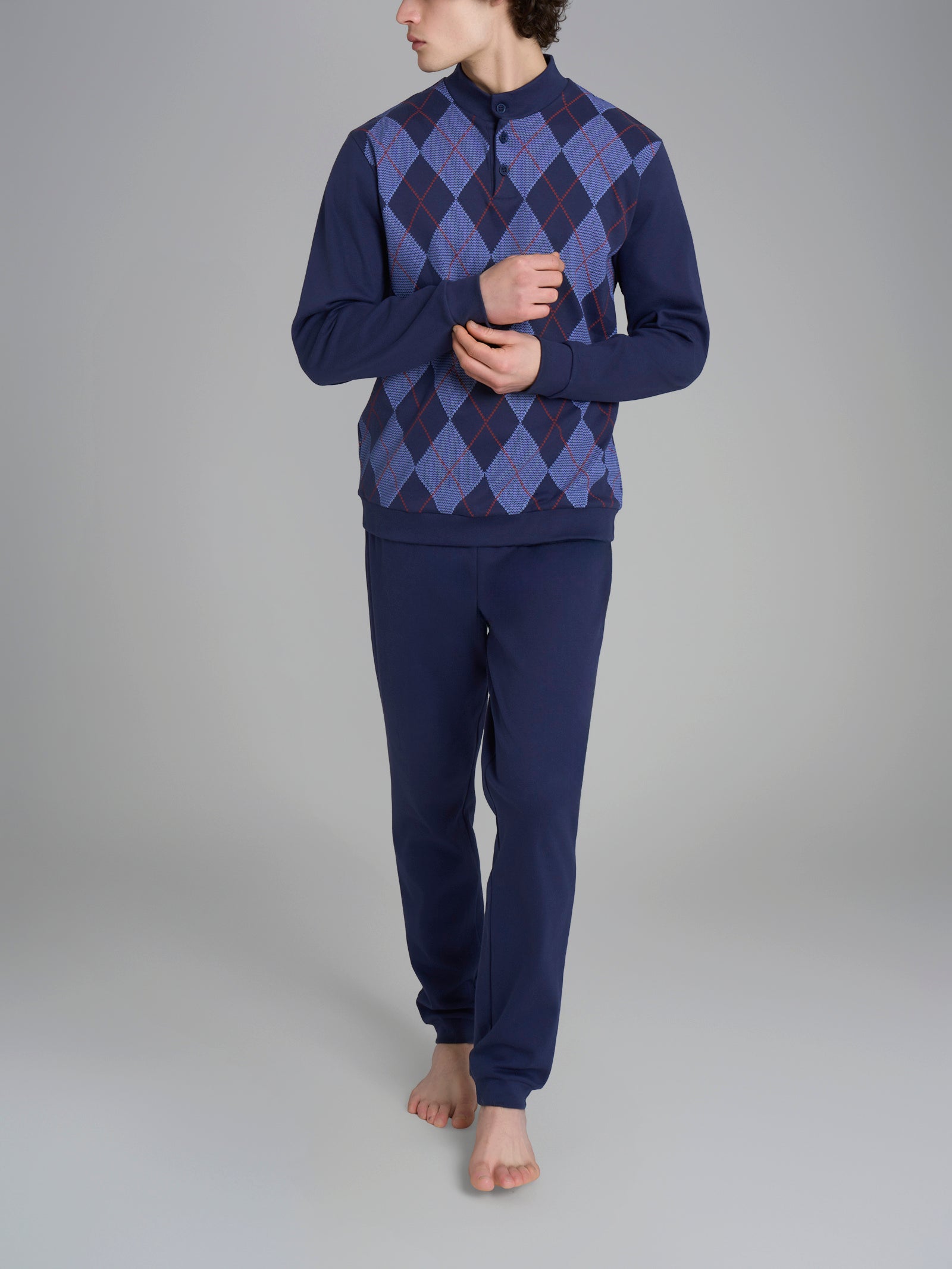 Pigiama tartan con collo lupetto in interlock di cotone Blu Uomo - Ragno