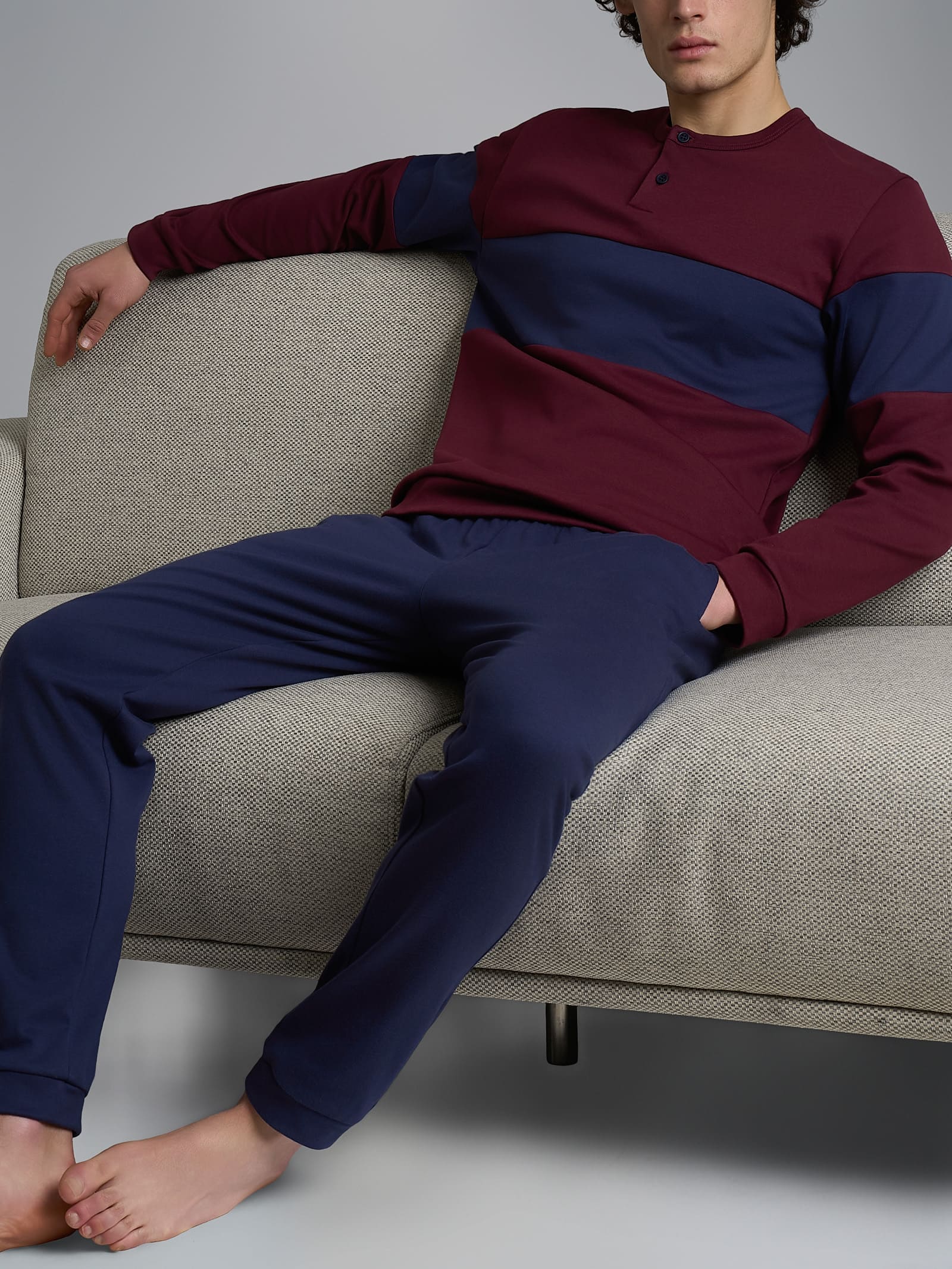 Pigiama serafino con fascia orizzontale in interlock di cotone Rossi Uomo - Ragno