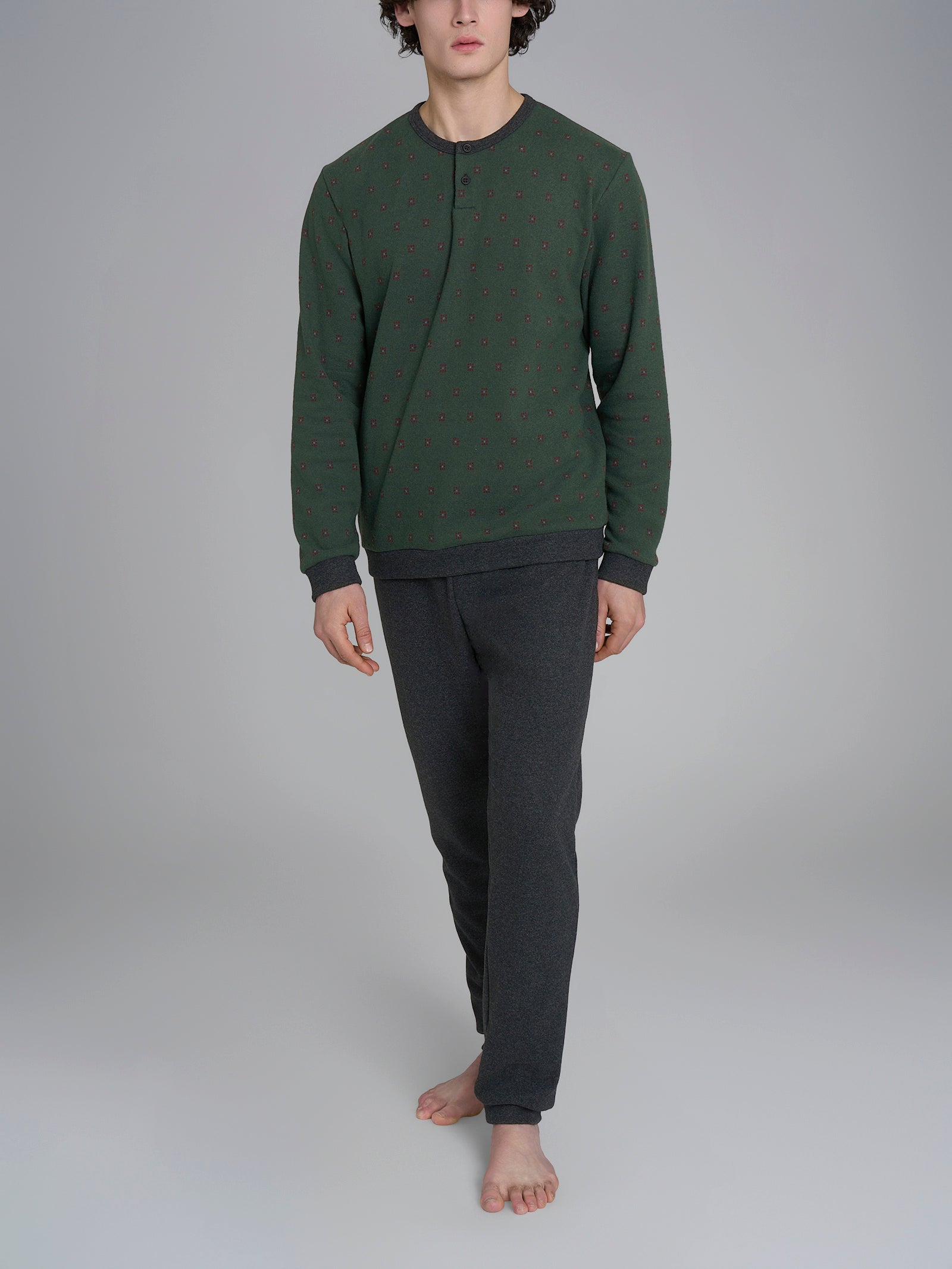 Pigiama serafino con fantasia geometrica in Cotton Eco Pile Verdi Uomo - Ragno