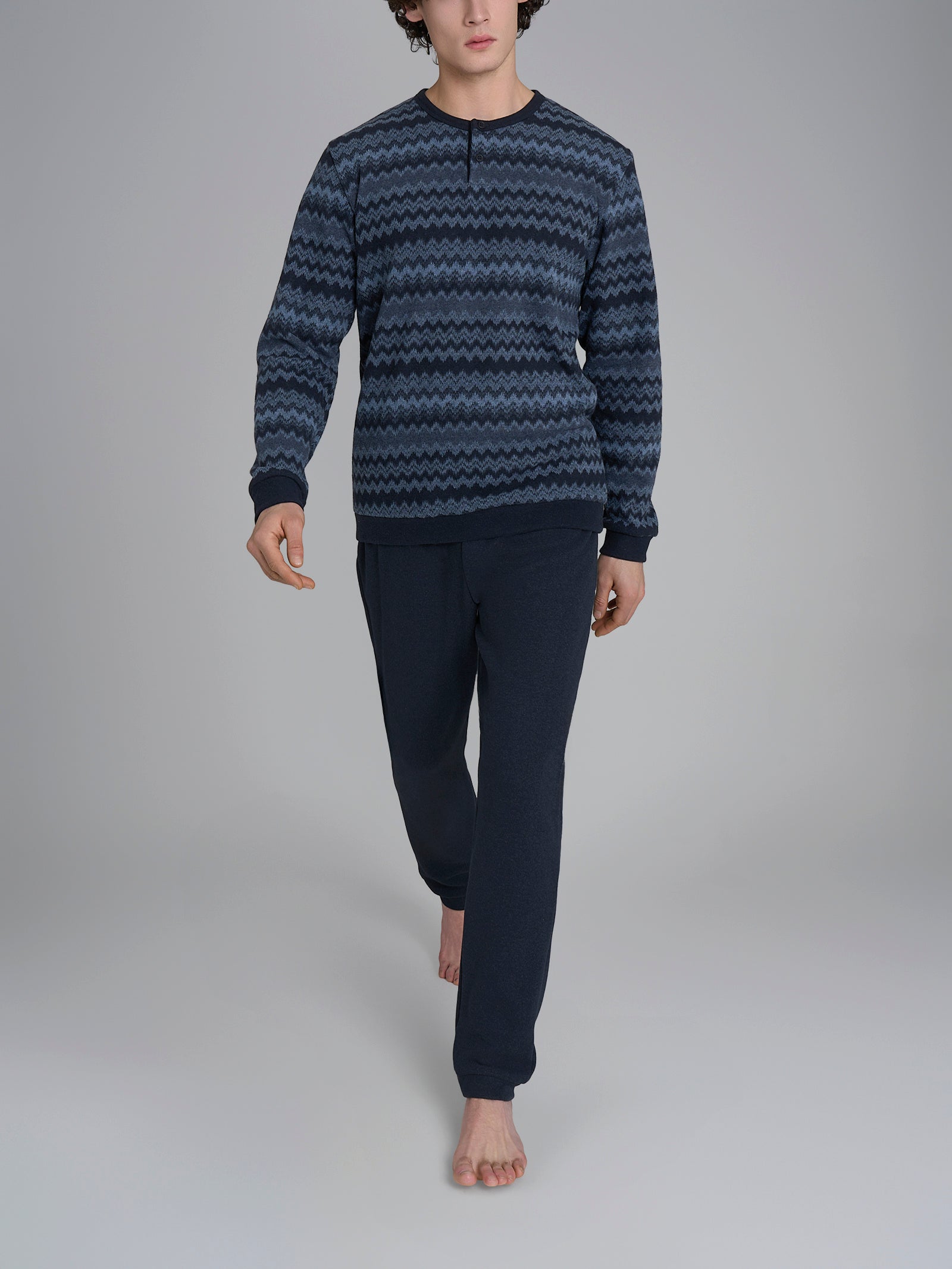 Pigiama a serafino a righe zig zag in Cotton Eco Pile Blu Uomo - Ragno