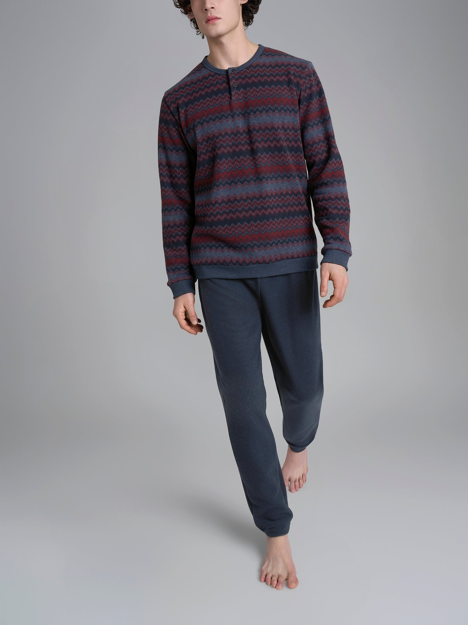 Pigiama a serafino a righe zig zag in Cotton Eco Pile Viola Uomo - Ragno