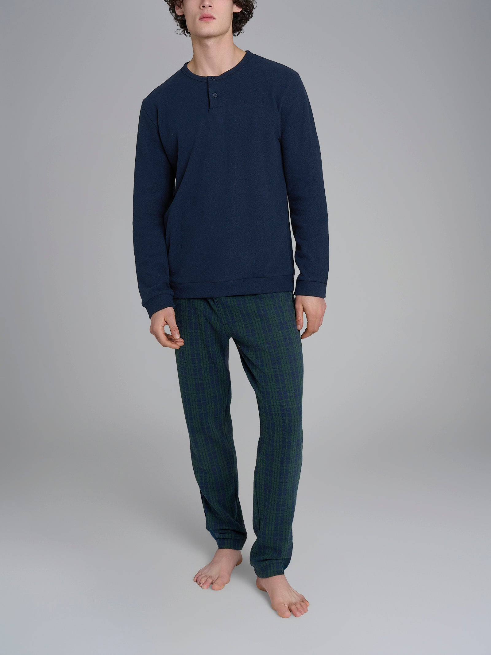 Pigiama serafino con fantasia a micro quadrati in Cotton Eco Pile Verdi Uomo - Ragno