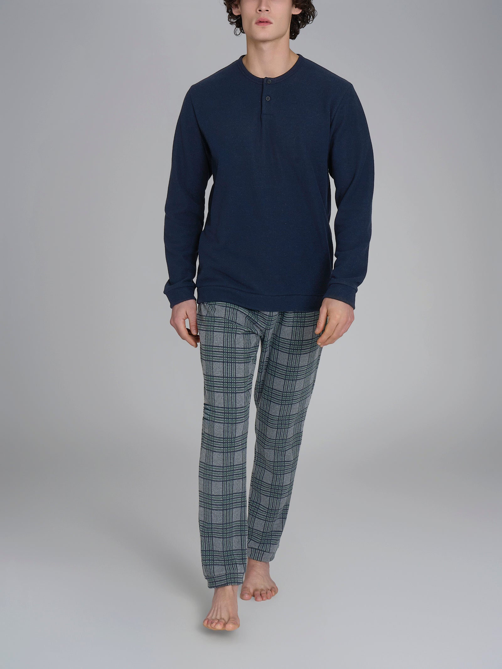 Pigiama serafino con fantasia a macro quadrati in Cotton Eco Pile Blu Uomo - Ragno